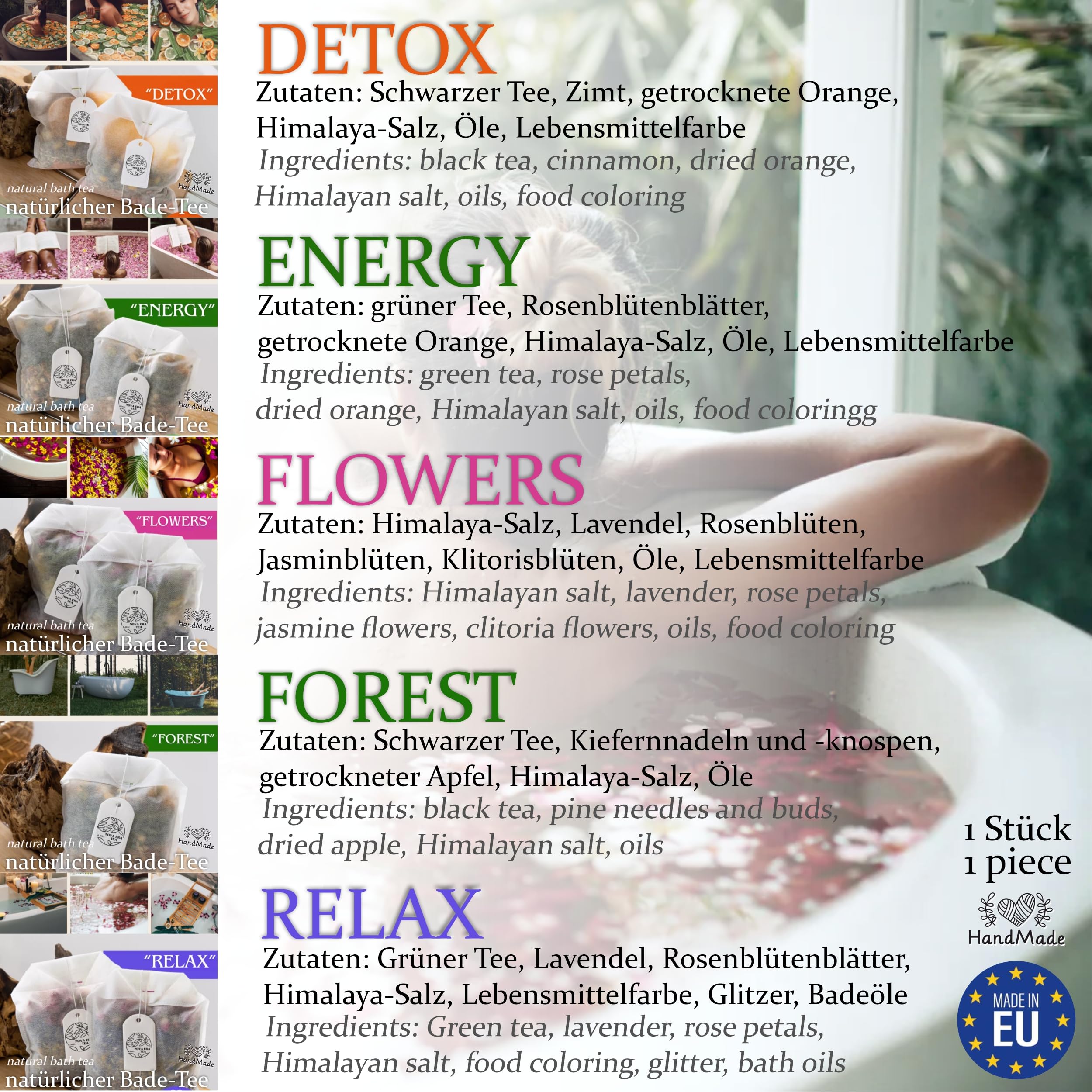 BADETEE Natürlicher Handgefertigt Bade-Tee | Aromatherapie, natürlichen Inhaltsstoffen | Himalayasalz, ätherischen Ölen, Kräutern – Hautpflege, Entspannung, Wellness-Bad (Set 3x)