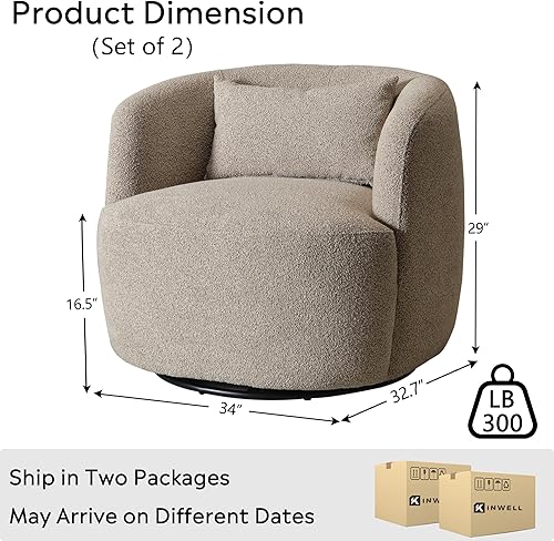 Miniatura 76 de KINWELL Juego de 2 sillas giratorias de barril Boucle de 34 pulgadas de ancho, sin montaje, sillones tapizados redondos, sillas decorativas, sofá