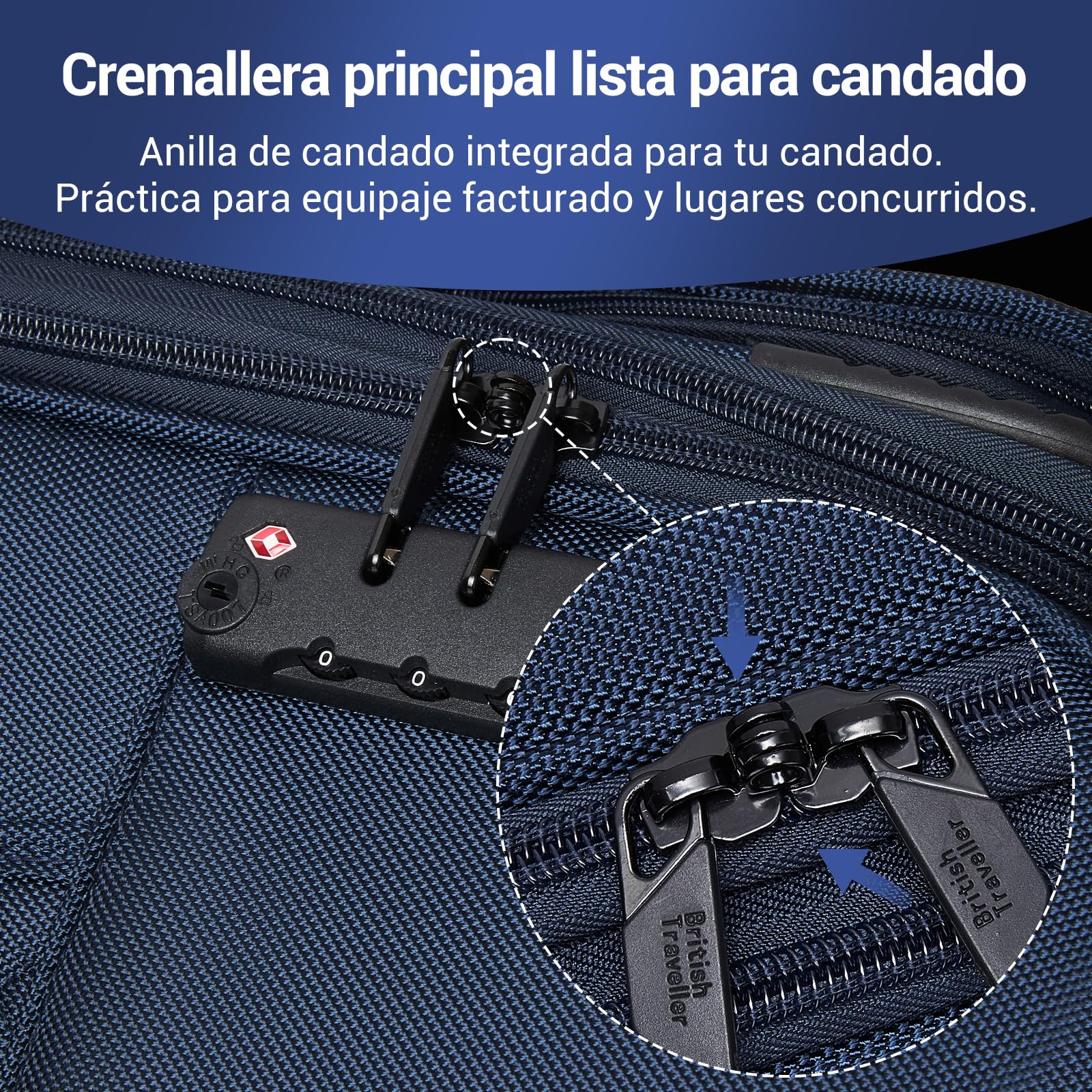British Traveller Maleta Cabina 57,5cm Trolley Rígido con 4 Ruedas Giratorias y Cerrado TSA, Azul