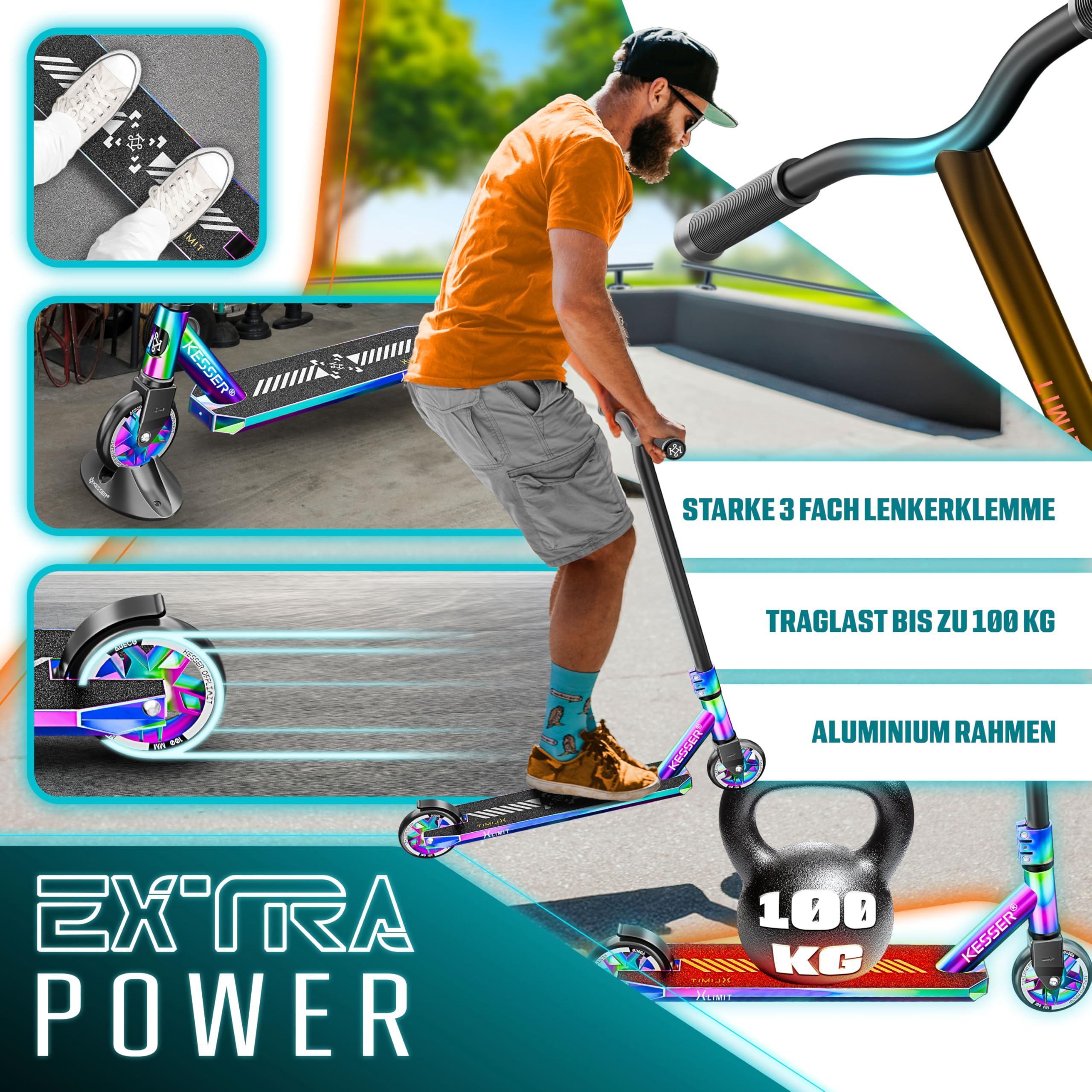 KESSER® Monopattino acrobatico X-Limit-PRO 360Ḟ Divertente Monopattino Monopattino acrobatico con Supporto ABEC 9 Cuscinetti a Sfera, Ruote in PU da 110 mm, Monopattino Scooter