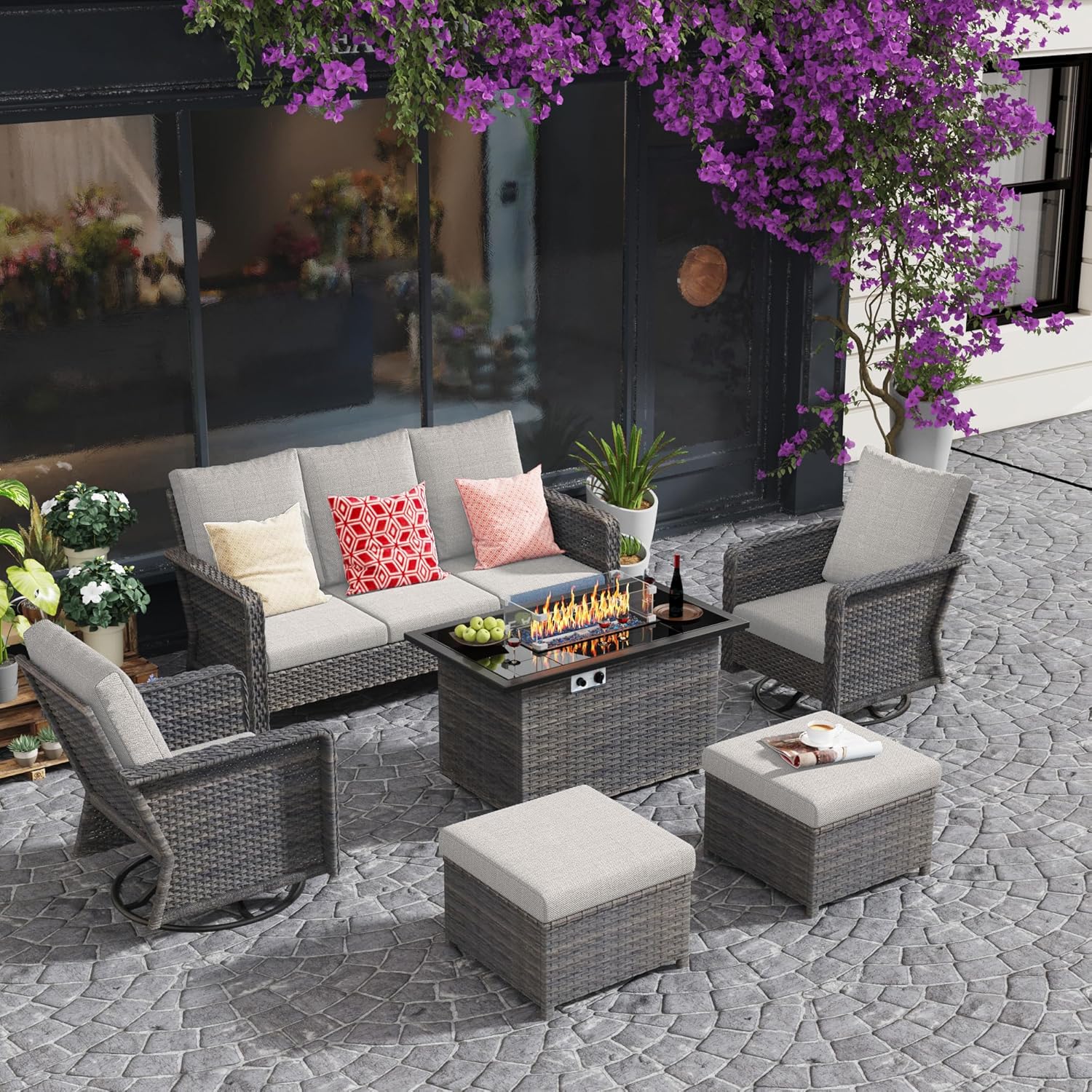 XIAO WEI 7-Seat Patio Furniture Set with Fire Pit Table, Swivel Chairs, Loveseats and Ottoman, Outdoor Furniture Set, Conversation Sectional Sets for Yard, Garden & Backyard, Beige