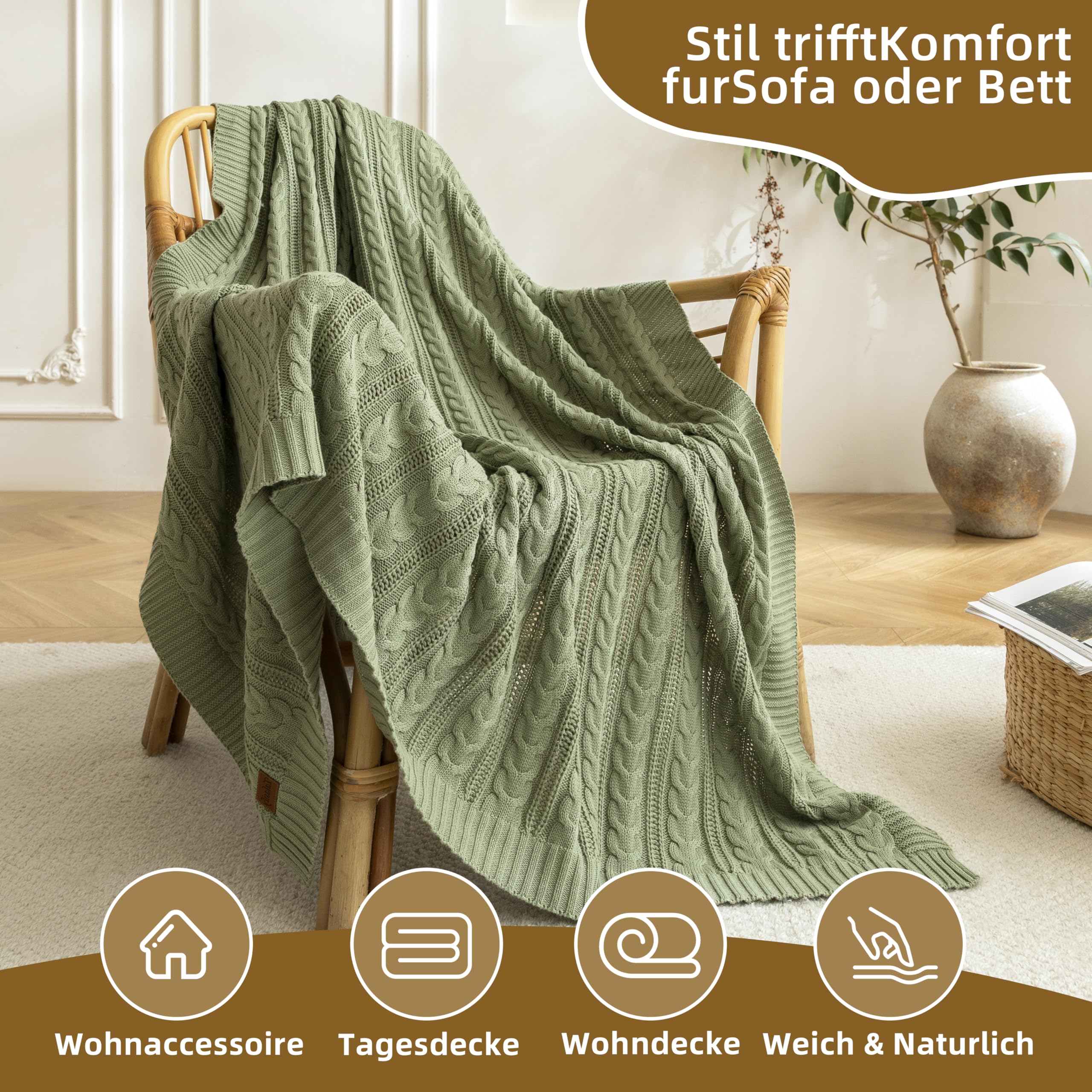 Talasily Strickdecke 150x200cm 100% Baumwolle Oeko-TEX, leichte Ganzjahresdecke Zopfmuster, atmungsaktiv weich für Frühling Sommer Herbst, Tagesdecke für Bett & Sofa, Wohnaccessoire Grün