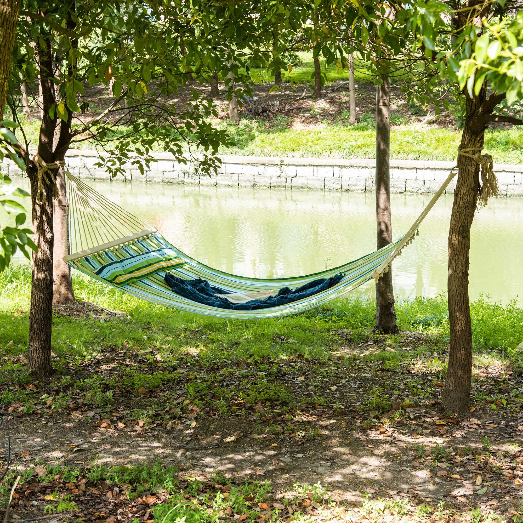 Outsunny Amaca da Giardino per 2 Persone Max 180kg, Amaca da Campeggio in Cotone e Poliestere con Cuscino Rimovibile 340x140cm