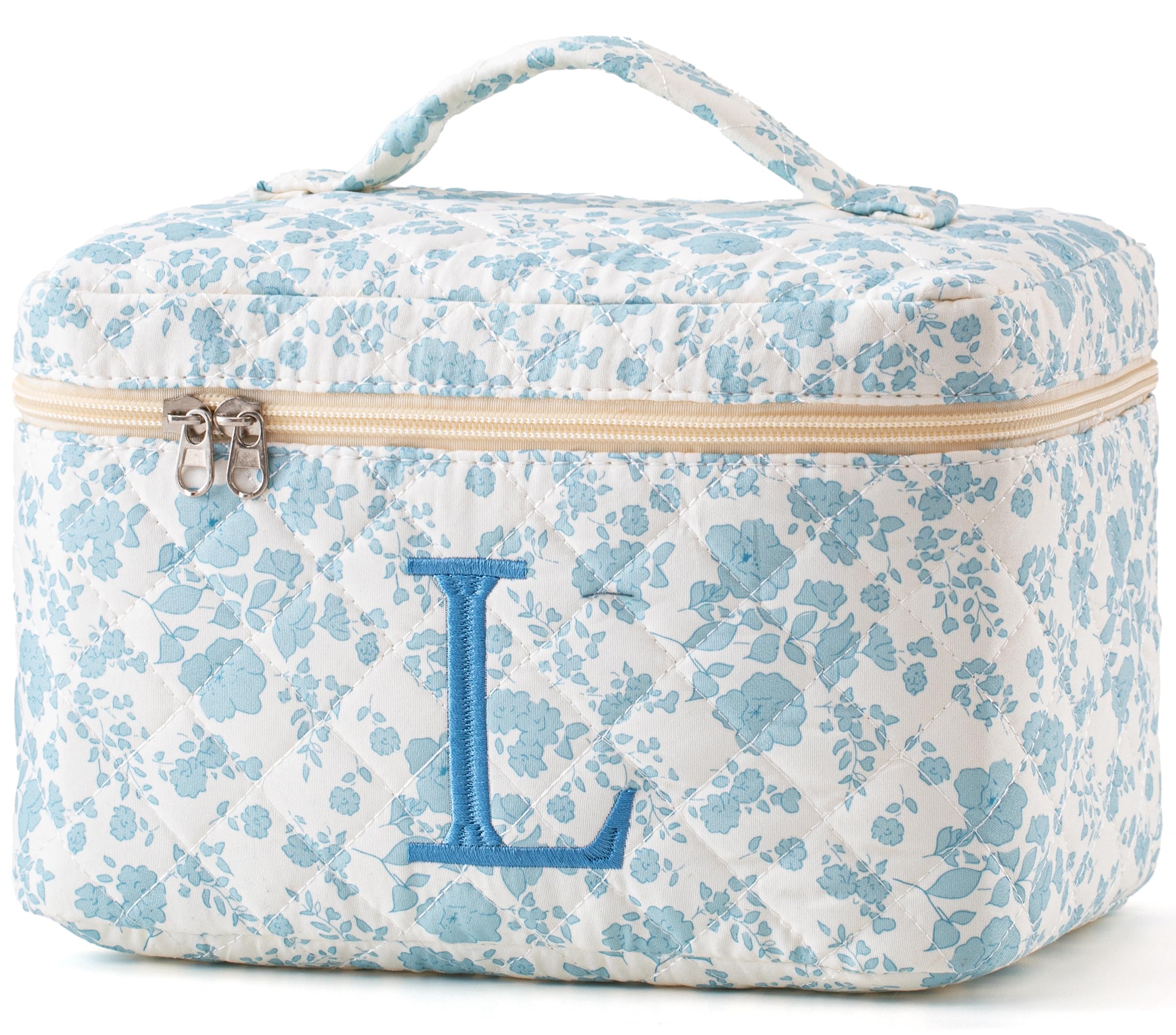 HBselect Initial Quilted Makeup Bag, Cotton Large Travel Makeup Bag, Cute Floral Coquette Make up Bag Cosmetic Bag Toiletry Bag for Women Girls L