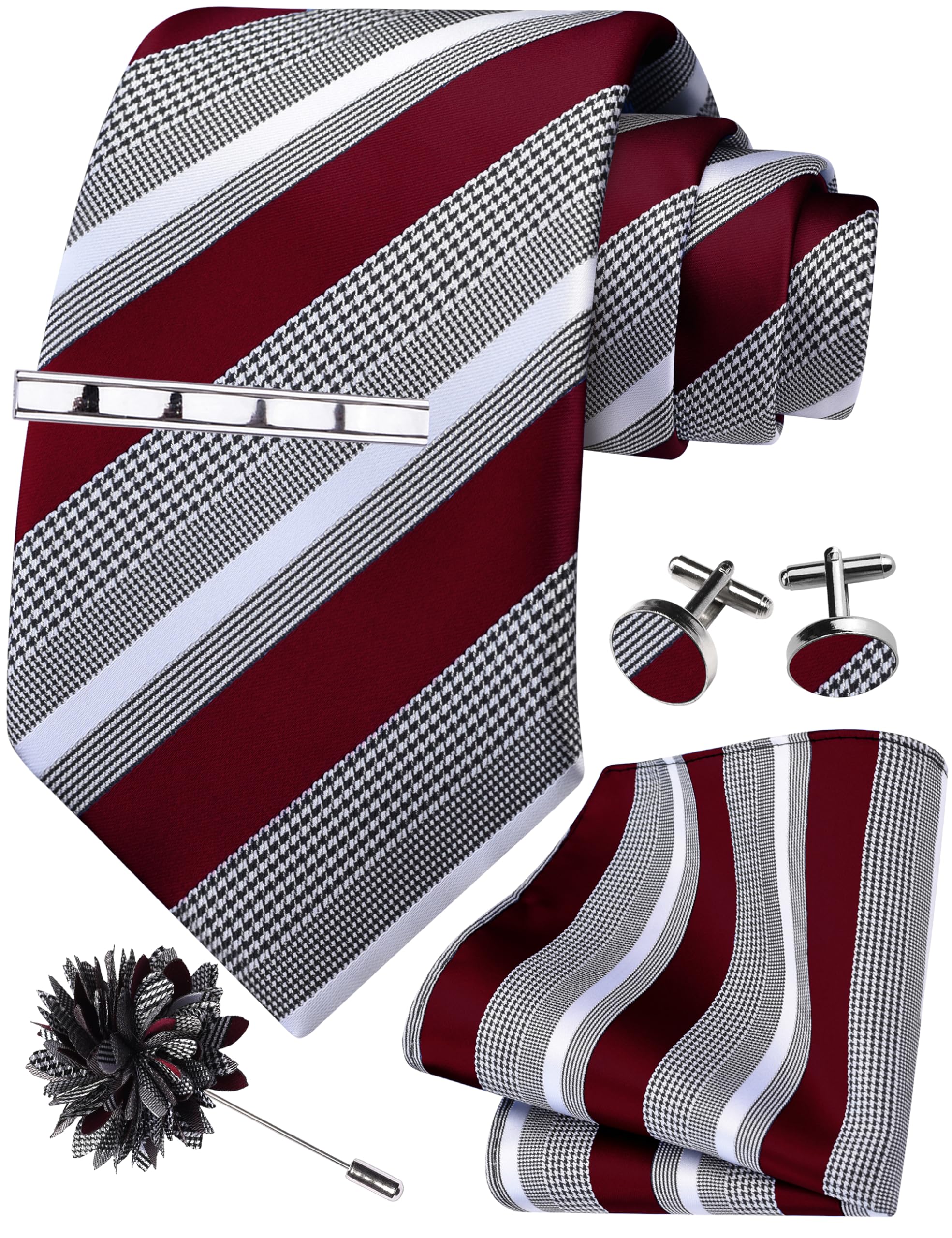3.15"(8cm) Mens Striped Business Necktie Hankerchief Cufflinks Tie Clip Lapel Pin Set for Men-image-18