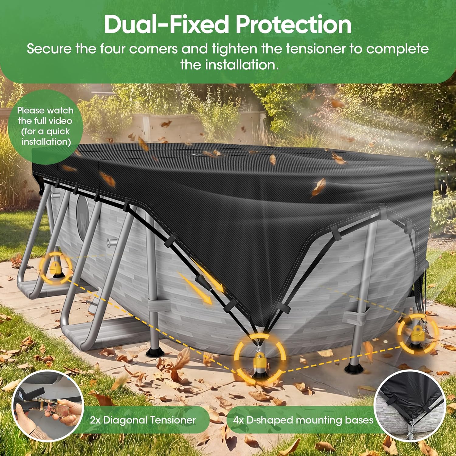 SIHAIAN 10x16Ft Oval Pool Cover Patented Design Four-Corner Locking 500D Rectangular and Oval Pool Cover, Prevent Water Accumulation Pool Cover for Oval Above Ground Pool with 4 Storage Straps