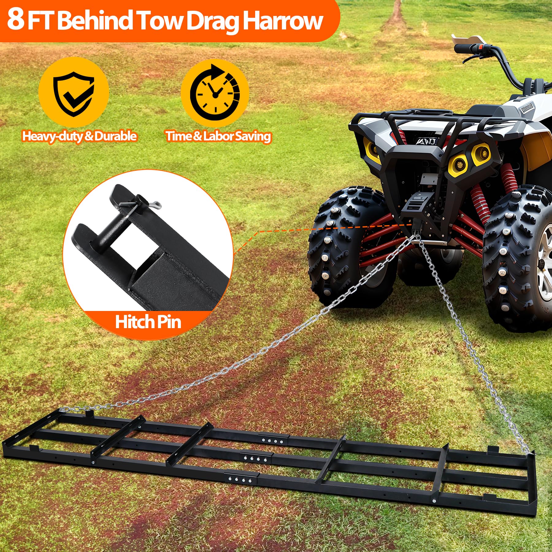 8 FT Drag Harrow Driveway Grader, Heavy Duty Power Rake