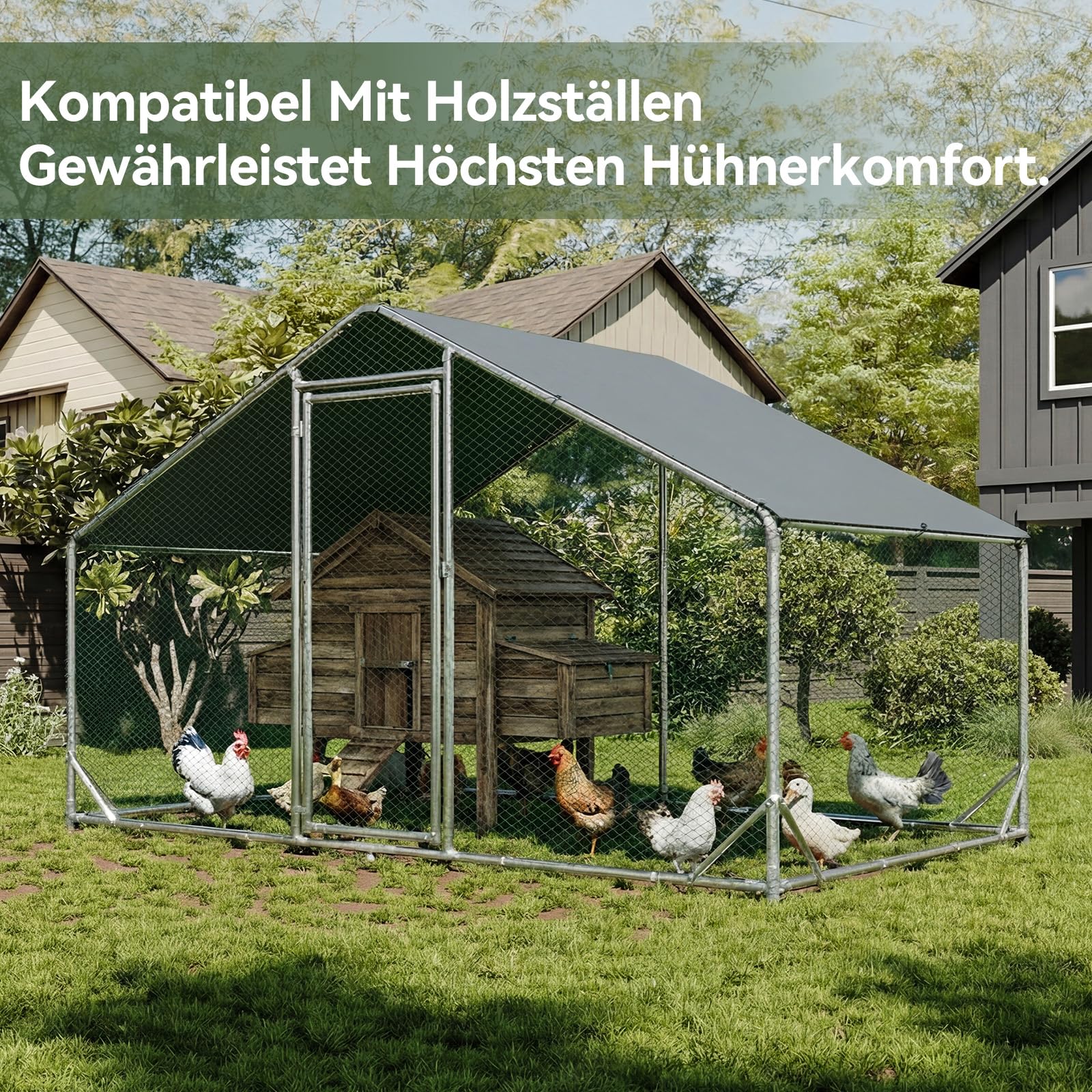 Aoxun Hühnerstall, 3x2x2 m freilaufgehege hühner, 6 m² Großes Hühnergehege mit Wasserdichtetem PE, verzinktem Stahl Kleintiergehege für Hühner Ente Kaninchen