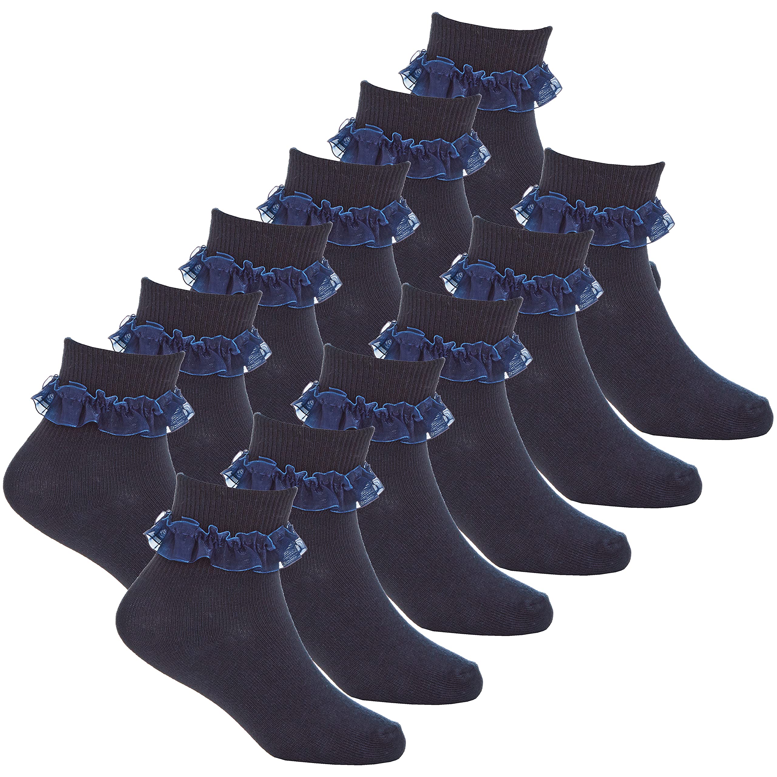 Metzuyan Girls Navy- 6 Pairs 3-Pack Frilly Socks Organza Lace Frill Back To School Navy 6-8.5