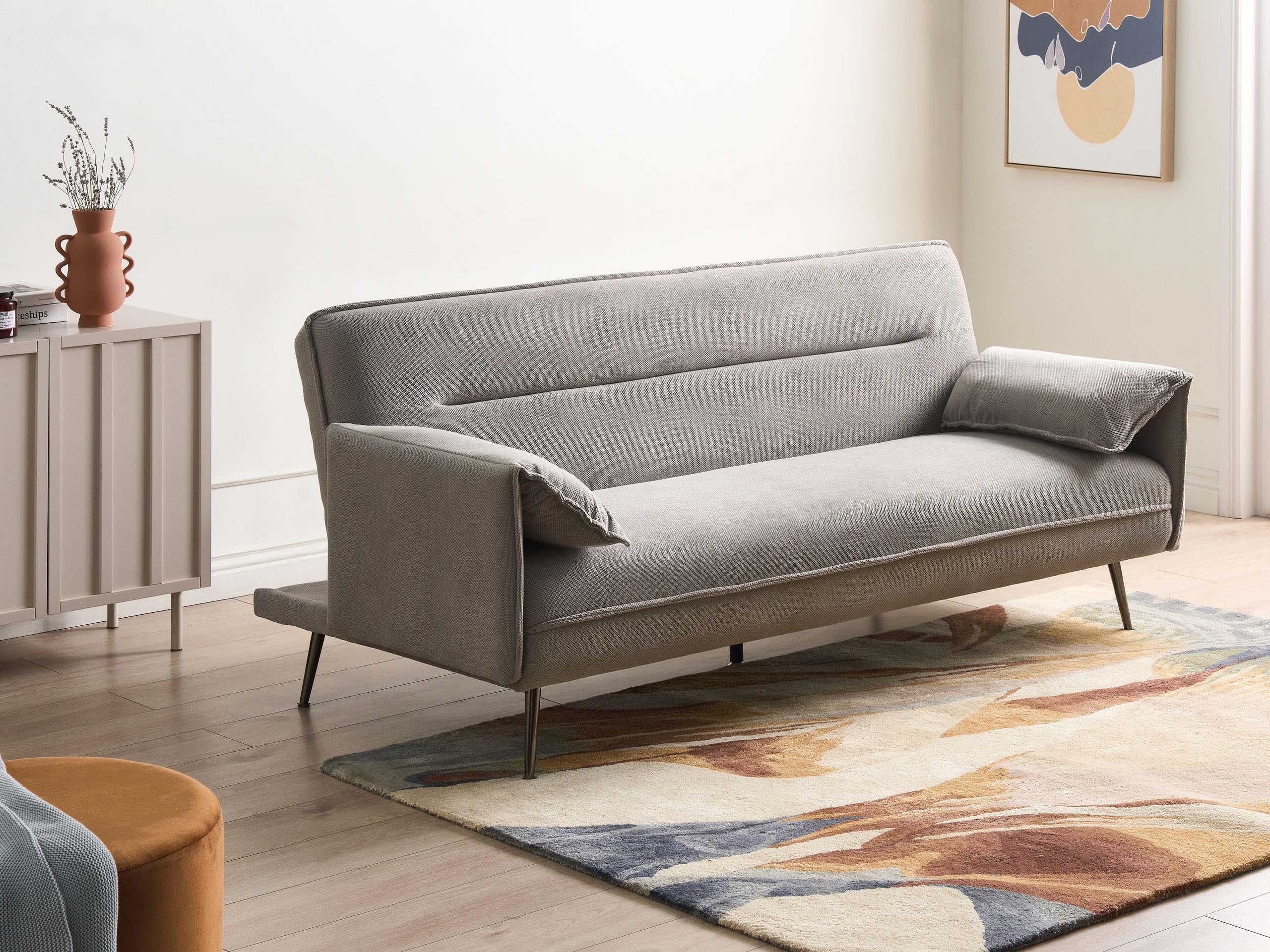 Sofa rozkładana 3-osobowa materiałowa wodoodporna tapicerka drewniane nogi z regulowanymi podłokietnikami mechanizm klik-klak salon sypialnia szara Vayla