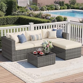 Wisteria Lane 5 Piece Outdoor Patio Furniture Set, All Weather Wicker Rattan Sectional Sofa Conversation Set with Cushions & Glass Coffee Table, Ideal for Backyard Porch Garden Balcony, Beige