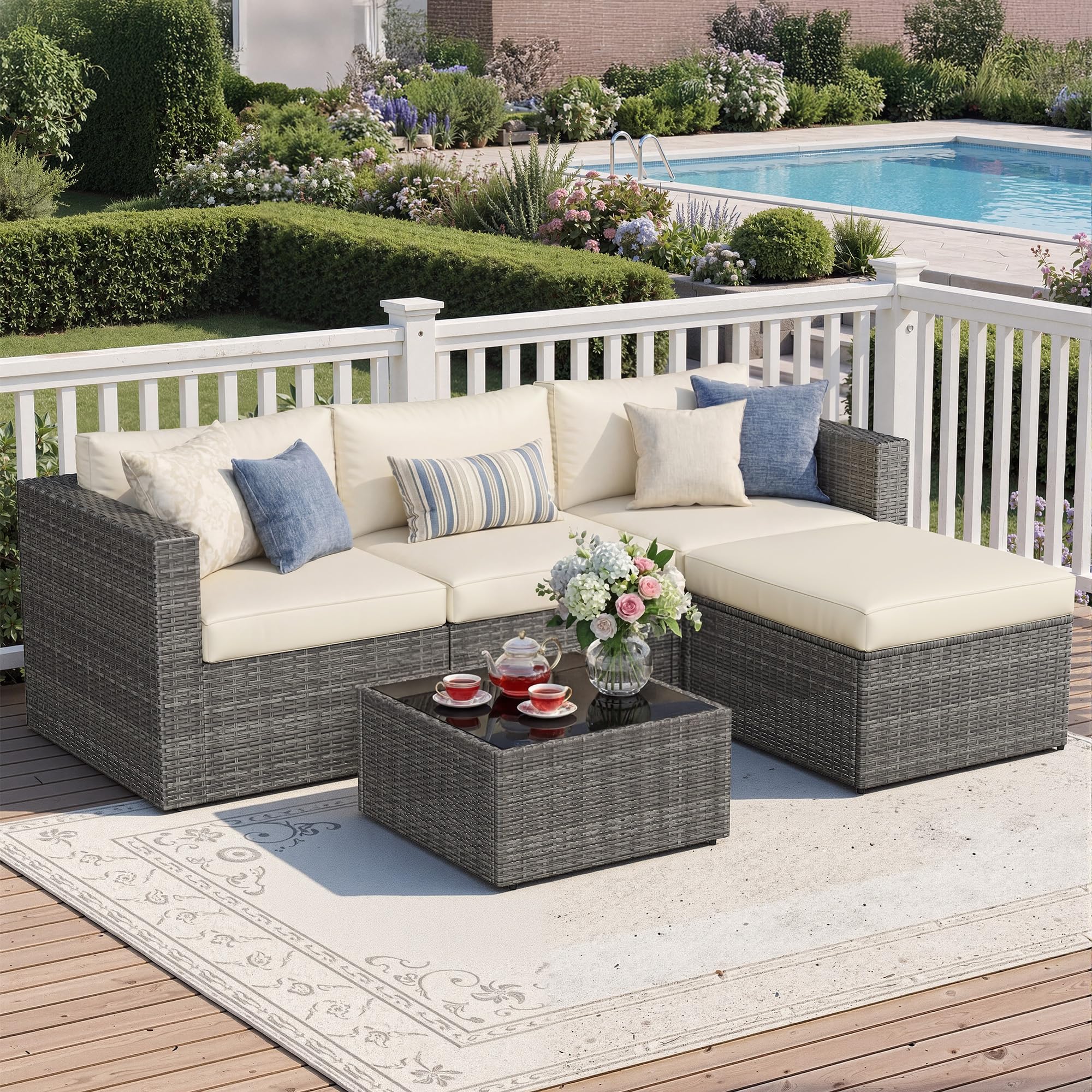 Wisteria Lane 3 piece Outdoor Patio Furniture Set, All Weather Wicker Rattan Sectional Sofa Conversation Set with Cushions & Glass Coffee Table, Ideal for Backyard Porch Garden Balcony, Beige