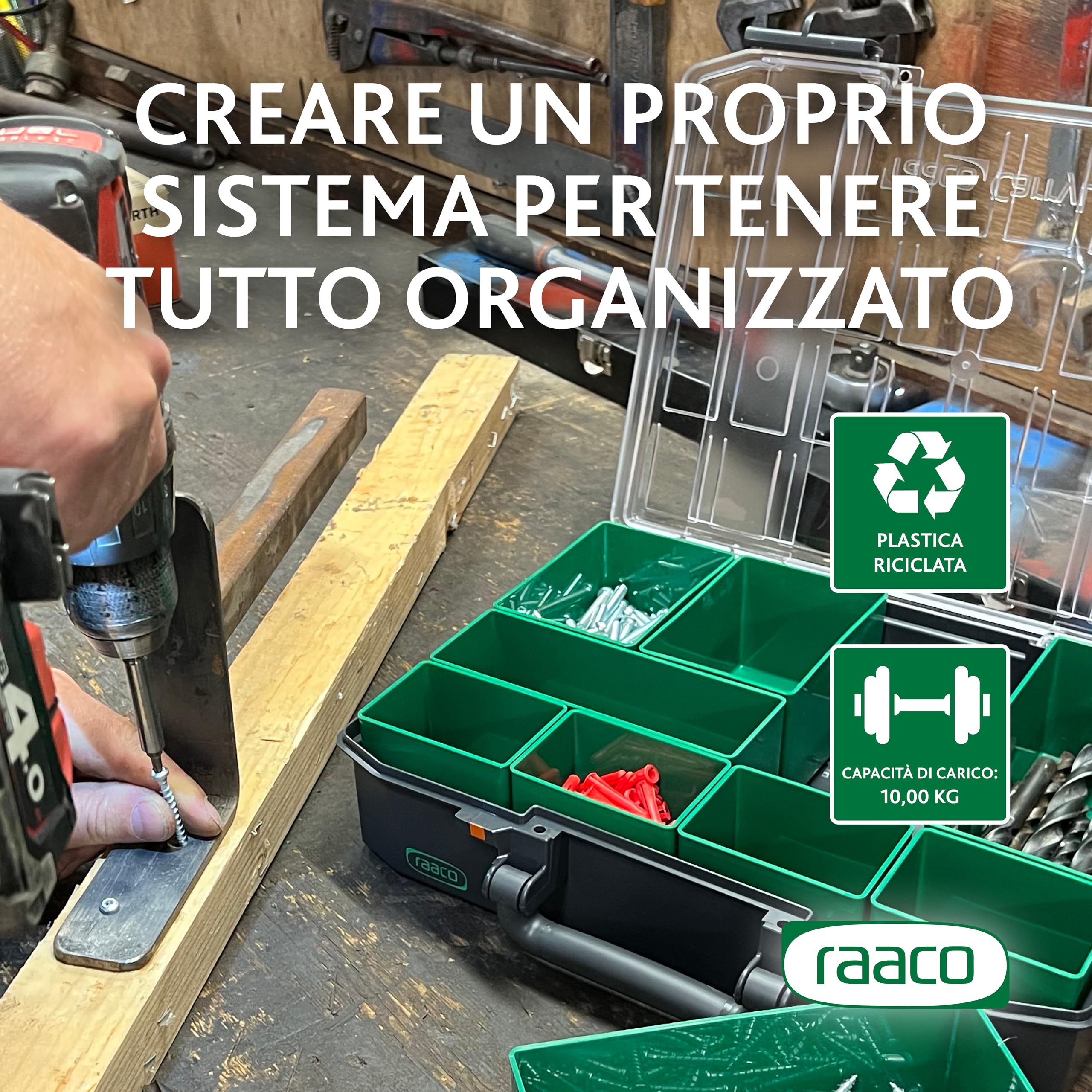 raaco CarryLite 80 4x8-9: Premium Scatola Porta Minuteria per Officina, 9 Scomparti, Cassetta Porta Minuteria, Capacità di Carico 10 kg, Coperchio Trasparente, 27,8 x 33,7 x 7,9 cm