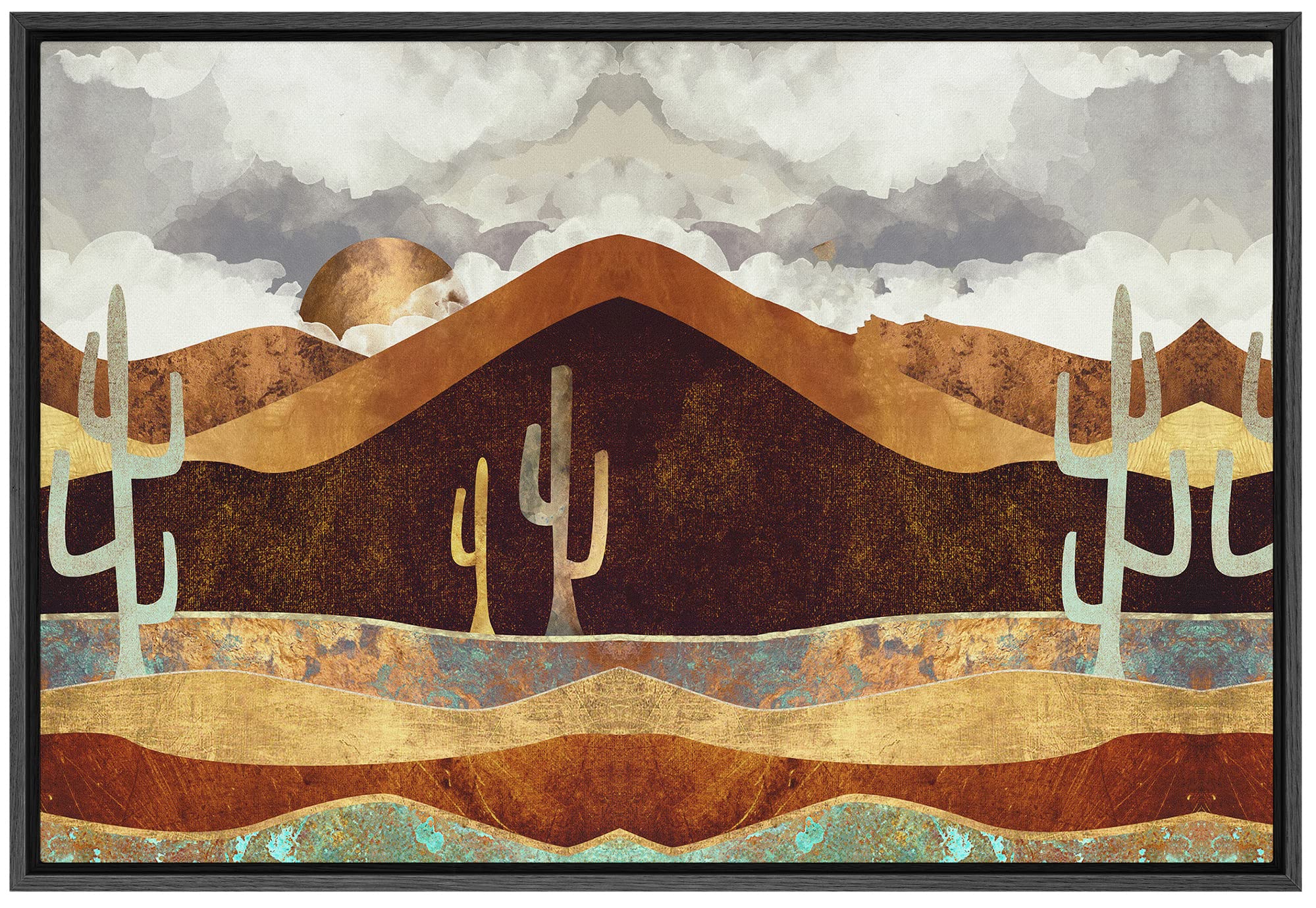 SIGNFORD Framed Canvas Print Wall Art Brown Desert Canyon with Cacti Abstract Wilderness Illustratio