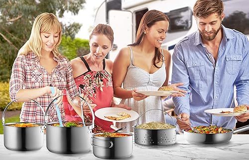 Miniatura 7 de Juego de utensilios de cocina de acero inoxidable 304 de 8 piezas para ollas y sartenes, kit de cocina de fuego abierto Sartén vaporera con bolsa