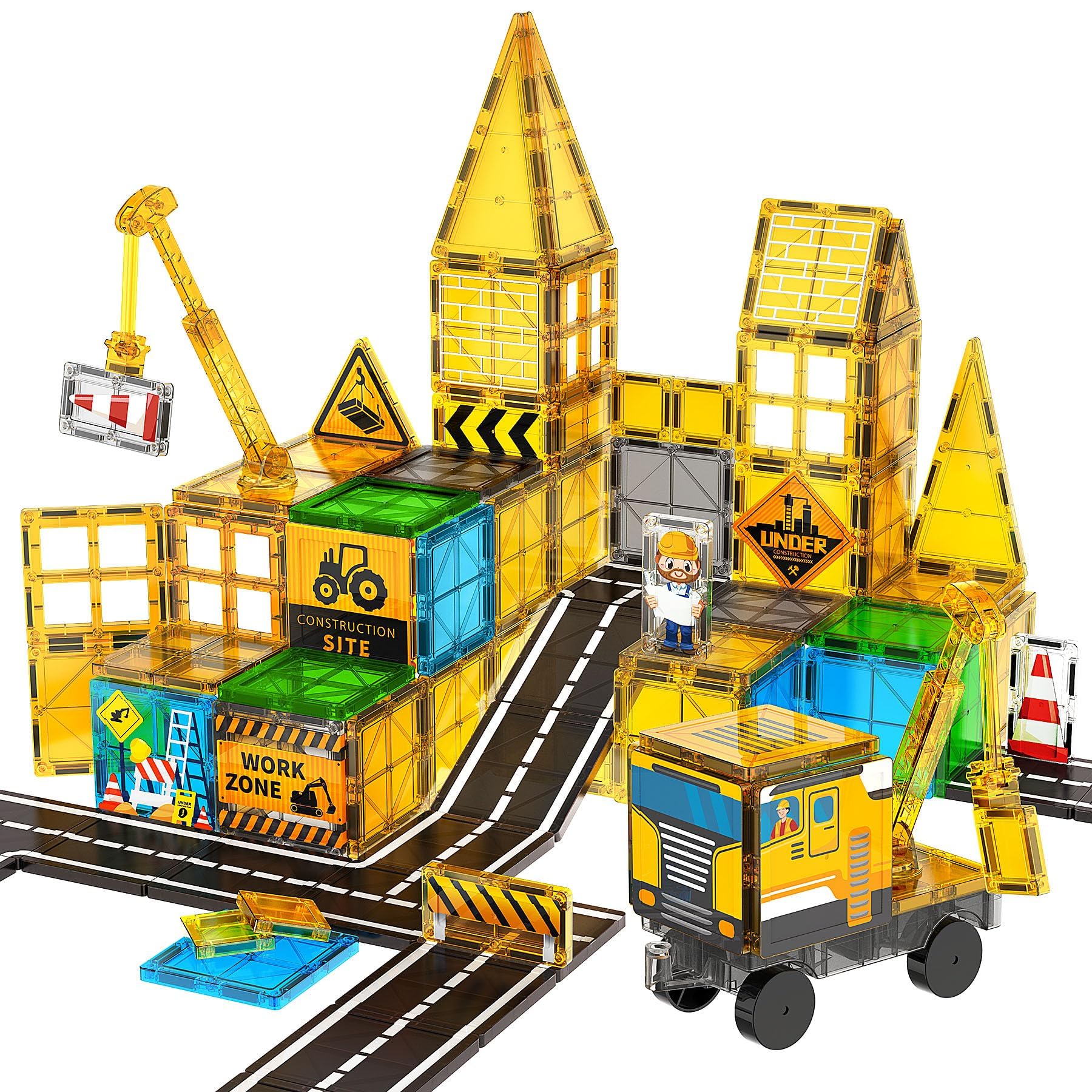 Magnetic Tiles for Kids, Construction Toys with Crane Road Truck | Magnets Building Blocks, Ages 3-5 4-8, Montessori Preschool Educational, STEM Toy, Birthday Gift for 3+ Years Old Boys