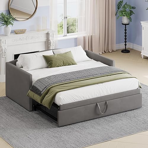 Merax Twin Size Velvet Daybed with Extended Pop Up Trundle, Upholstered Sofa Bed Daybed, Space-Saving Twin to King Design for Guest Room, Gray