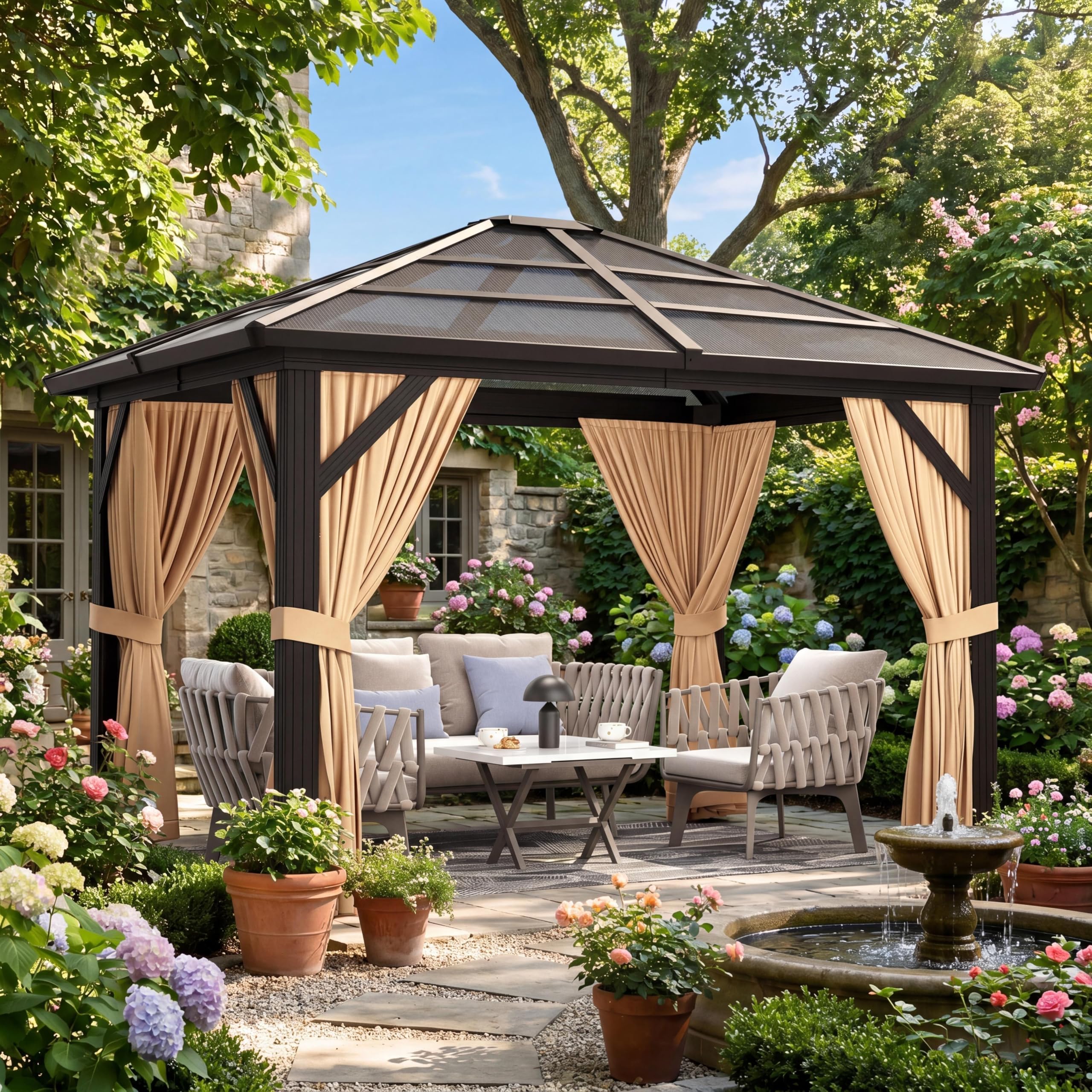 gaomon 10x12ft gazebo, hardtop outdoor canopy aluminum frame permanent gazebo with netting and curtains, polycarbonate garden tent for patio, lawn, backyard, deck (10'x12')