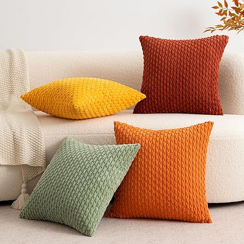 Miniatura 5 de UGASA - Juego de 4 fundas de almohada de pana suave para otoño, fundas de almohada lumbar oblongas decorativas de rayas bohemias de 12 x 20