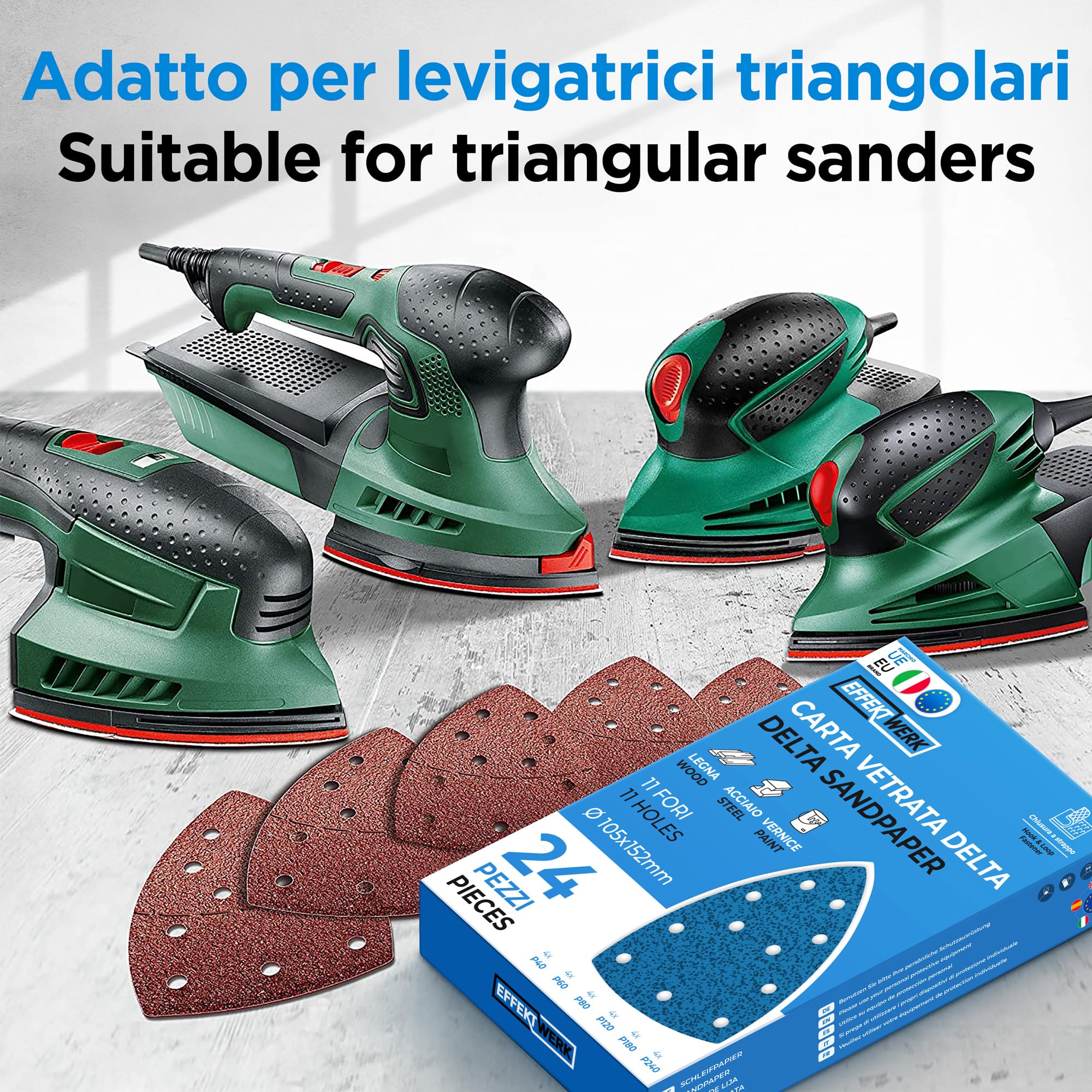 Carta Abrasiva Delta - Confezione da 24, 11 Fori - Tamponi Abrasivi Triangolari 105 x 152mm per Levigatrici Triangolari - Varie Grane (40, 60, 80, 120, 180, 240)