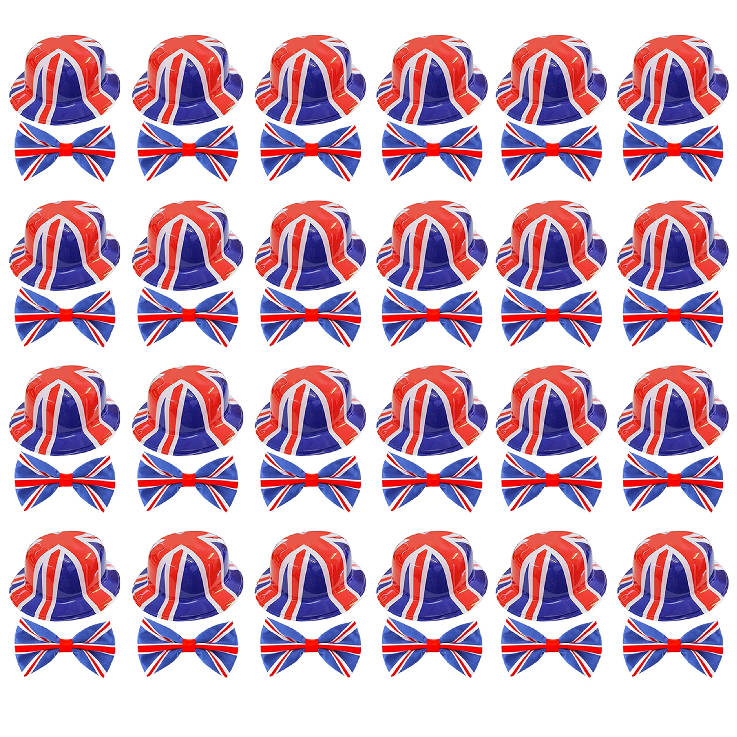 VE Day Union Jack Accessory Set - Plastic Union Jack Bowler Hat + Bowtie - Kings Coronation Street Party Fancy Dress Costume Accessory Set - Pack Of 1
