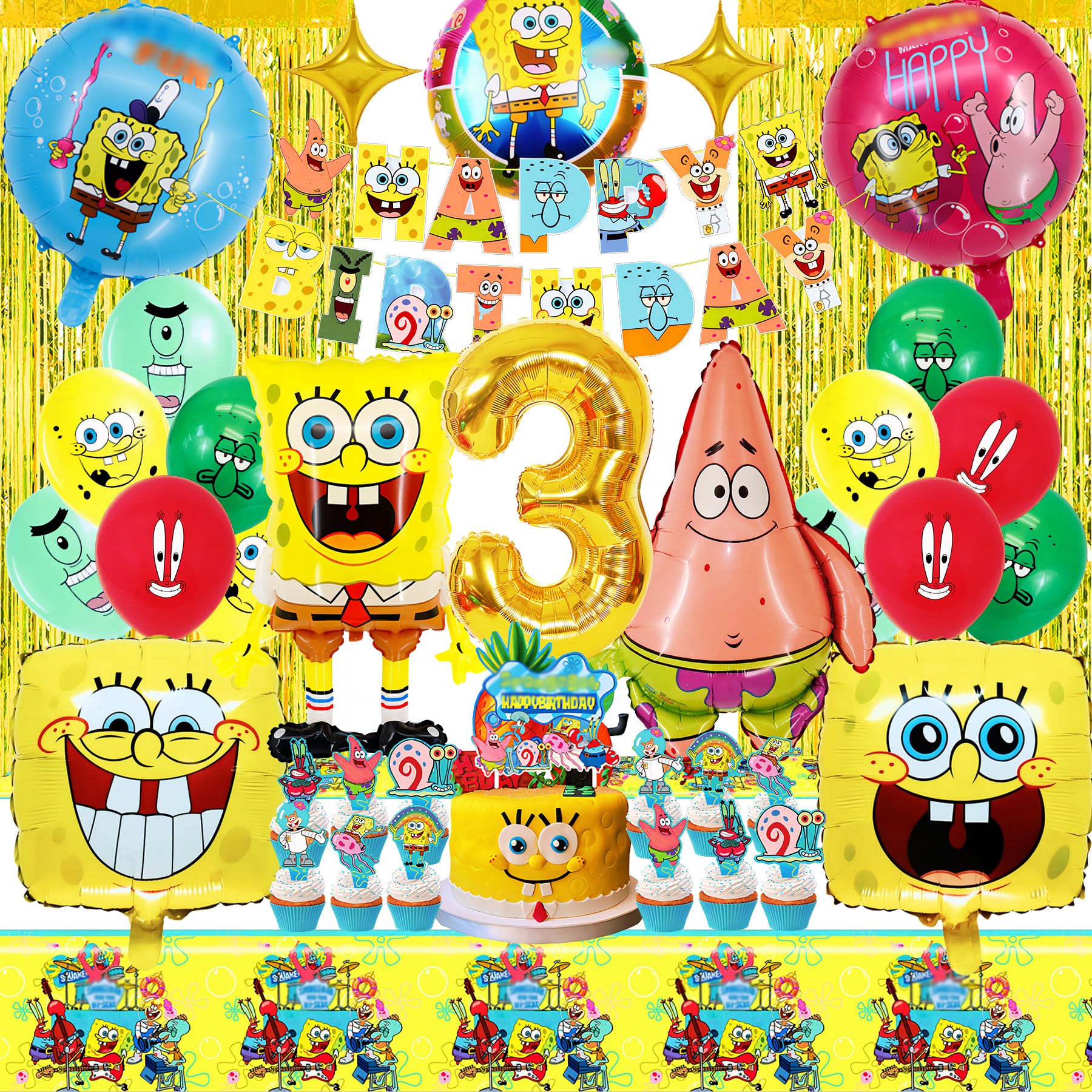 Kit Decorazione Compleanno 4 Anni A Tema SpongeBob, 27 Pezzi Con Palloncini Numerici, Lattice E Foil