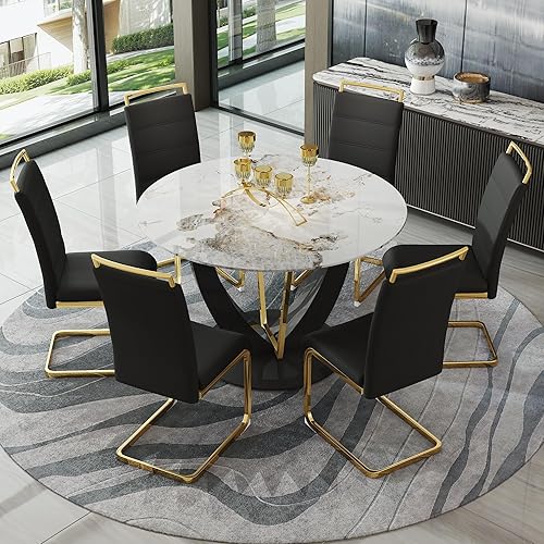 Miniatura 28 de JUFU Juego de mesa redonda de comedor para 6 con sillas, juego de mesa y sillas de 48" compuesto por 6 piezas con superficie de mármol y asiento