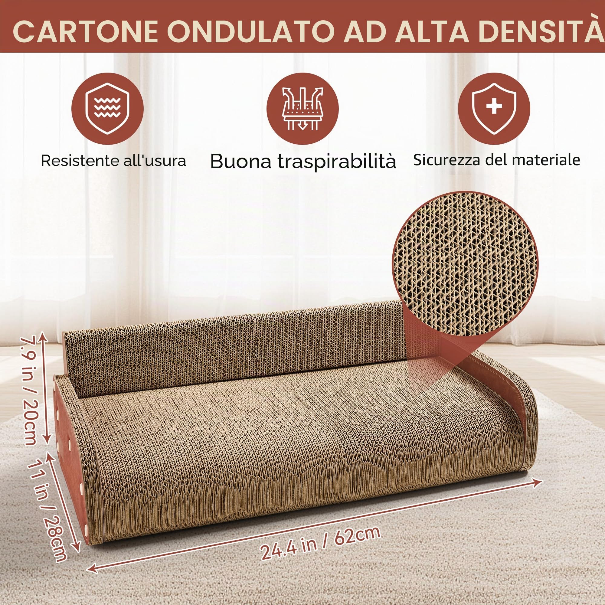 Tiragraffi per Gatti Adulti XXL - Tiragraffi Cartone 62cm Design Divano - Cartone Ondulato Rinforzato - Per Lettino Gatti e Soggiorno