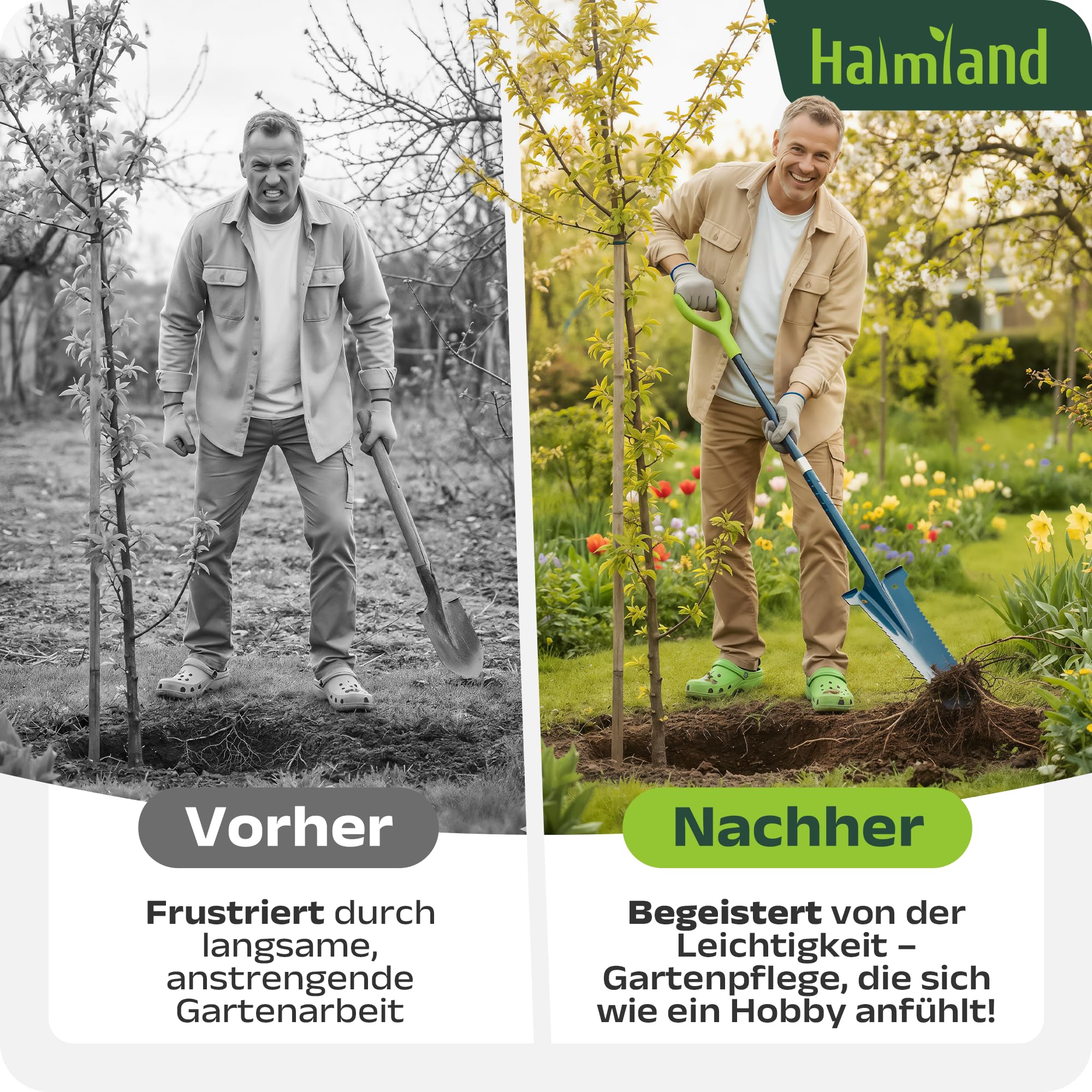 halmland® Profi Wurzelspaten mit Spezialspitze auch für Harte Böden - durchtrennt Wurzeln | Spaten mit Wurzelsäge | robuster Spaten Garten aus Carbonstahl & Fiberglas | Schaufel für Gartenarbeit