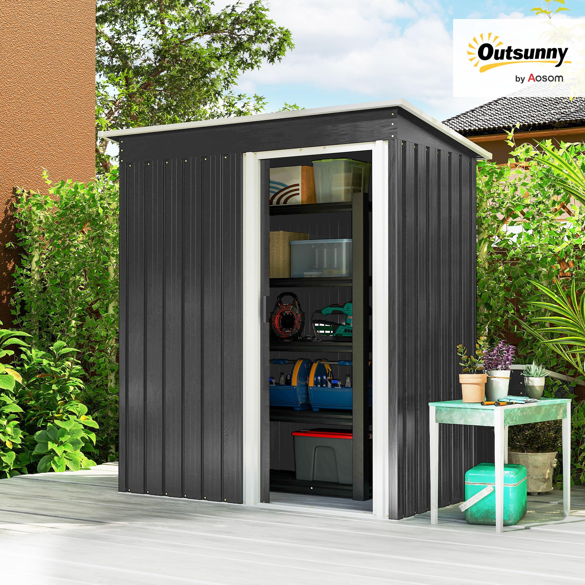 Outsunny Caseta de Jardín Exterior, 1,16 m², 163x89x182 cm, Cobertizo de Jardín Exterior Metálico con Puerta Corredera y Techo Inclinado, para Almacenamiento de Herramientas, Negro