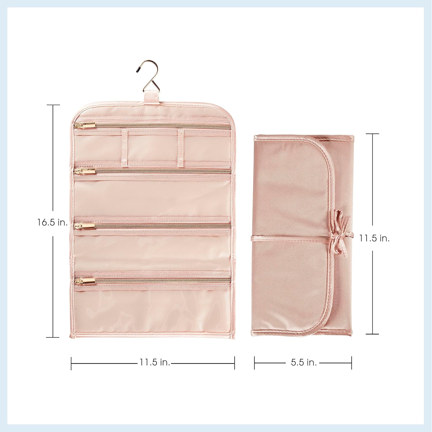 Blush Pink Travel Jewelry Roll with 6 Zippered Pockets