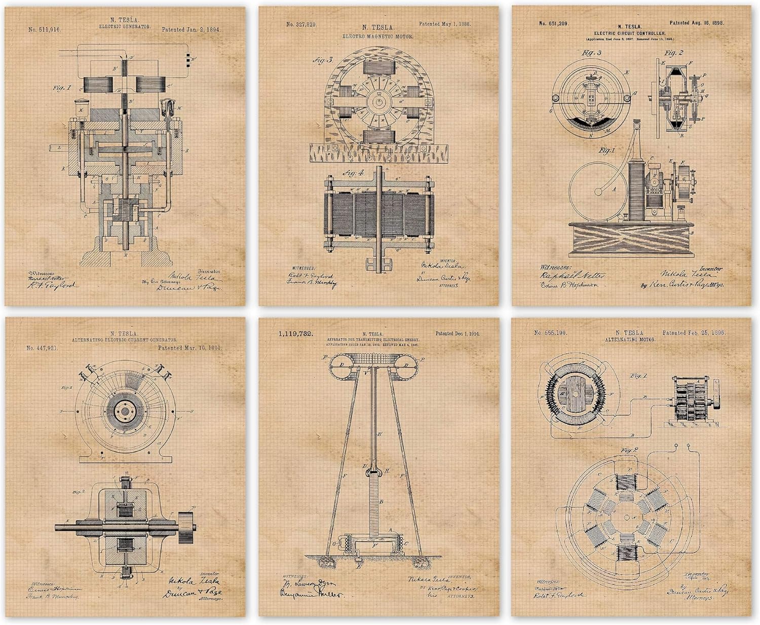STARS BY NATURE Nikola Tesla Electric Science Patent Prints, 6 (8x10) Unframed Photos, Wall Art Decor for Home Work Office Invention STEM Lab Man Cave School Student Teacher Mechanical Scientist