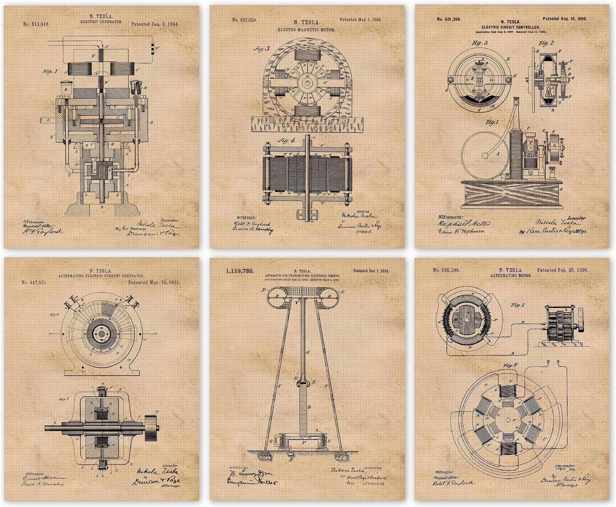 Vintage Science Nikola Tesla Patent Prints, 6 (8x10) Unframed Photos, Wall Art Decor Gift for Home Office Gears Tool Garage Shop Engineer School Lab College Student Teacher Coach Scientist Inventions