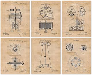 Vintage Science Nikola Tesla Patent Prints, 6 (8x10) Unframed Photos, Wall Art Decor Gift for Home Office Gears Tool Garage Shop Engineer School Lab College Student Teacher Coach Scientist Inventions