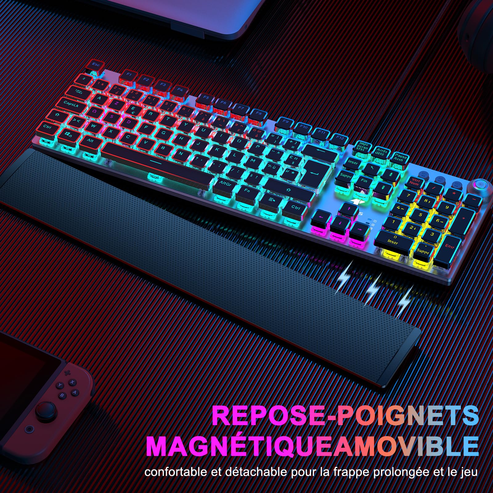 TECURS Clavier Gaming Mécanique - Clavier Gamer Programmable avec Repose-Poignet Magnétique, Switchs Rouges, 19 Modes LED, Touches Multimédia, Clavier AZERTY PC/Wins/PS4