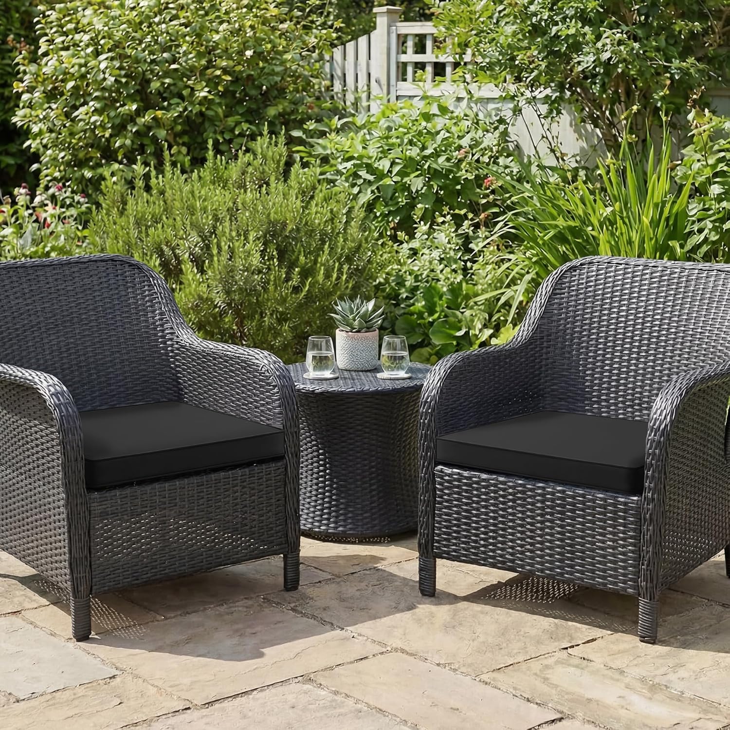 Outdoor Chair Cushions Set of 2: Waterproof & Fade Resistant Deep Seat Cushion for Patio Furniture - 24 x 24 x 3 Inch Chair Pads with Ties and Hidden Zipper - Patio Chair Cushion Replacement, Black