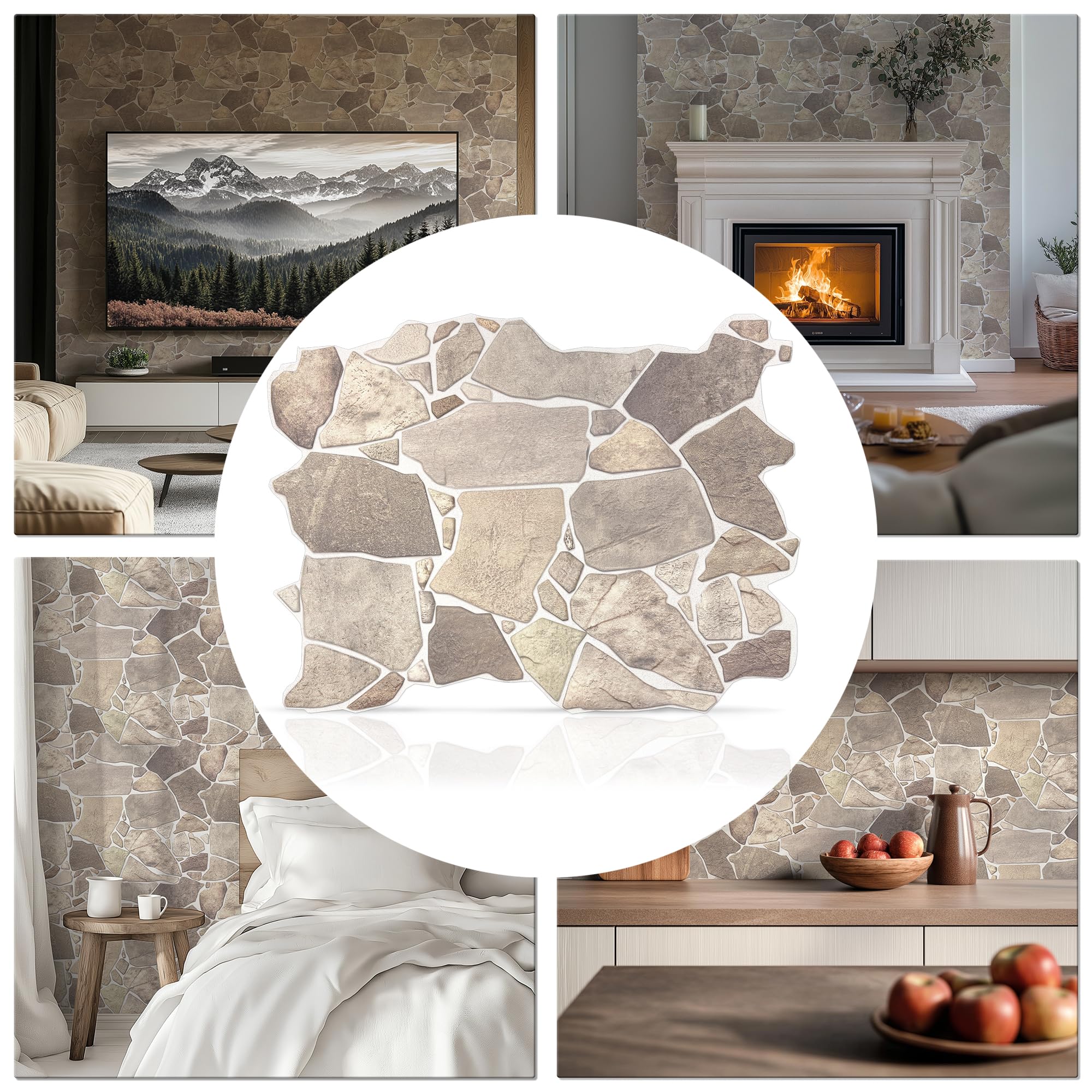 Retro-Art 3D Faux Stone Wall Panels, Pack of 15, Grey Beige Brown Wild Boulder, Lightweight PVC Sheets 17.5" x 23.75" (44.5cm x 60.3cm), Rock Tiles - Covers 43.3Sq Ft (4m2)