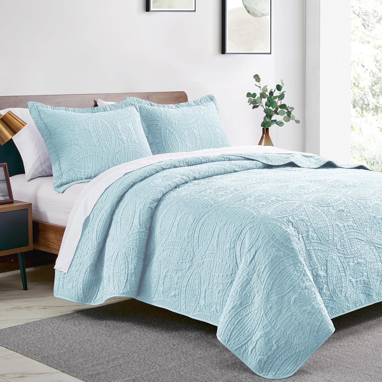 Love's cabin King Size Quilt Set Spa-Blue Bedspreads - Soft Bed Summer Lightweight Bedspread Comforter - Modern Style Coin Pattern Coverlet for All Season - 3 Pieces (1 Quilt, 2 Pillow Shams) - Image 2
