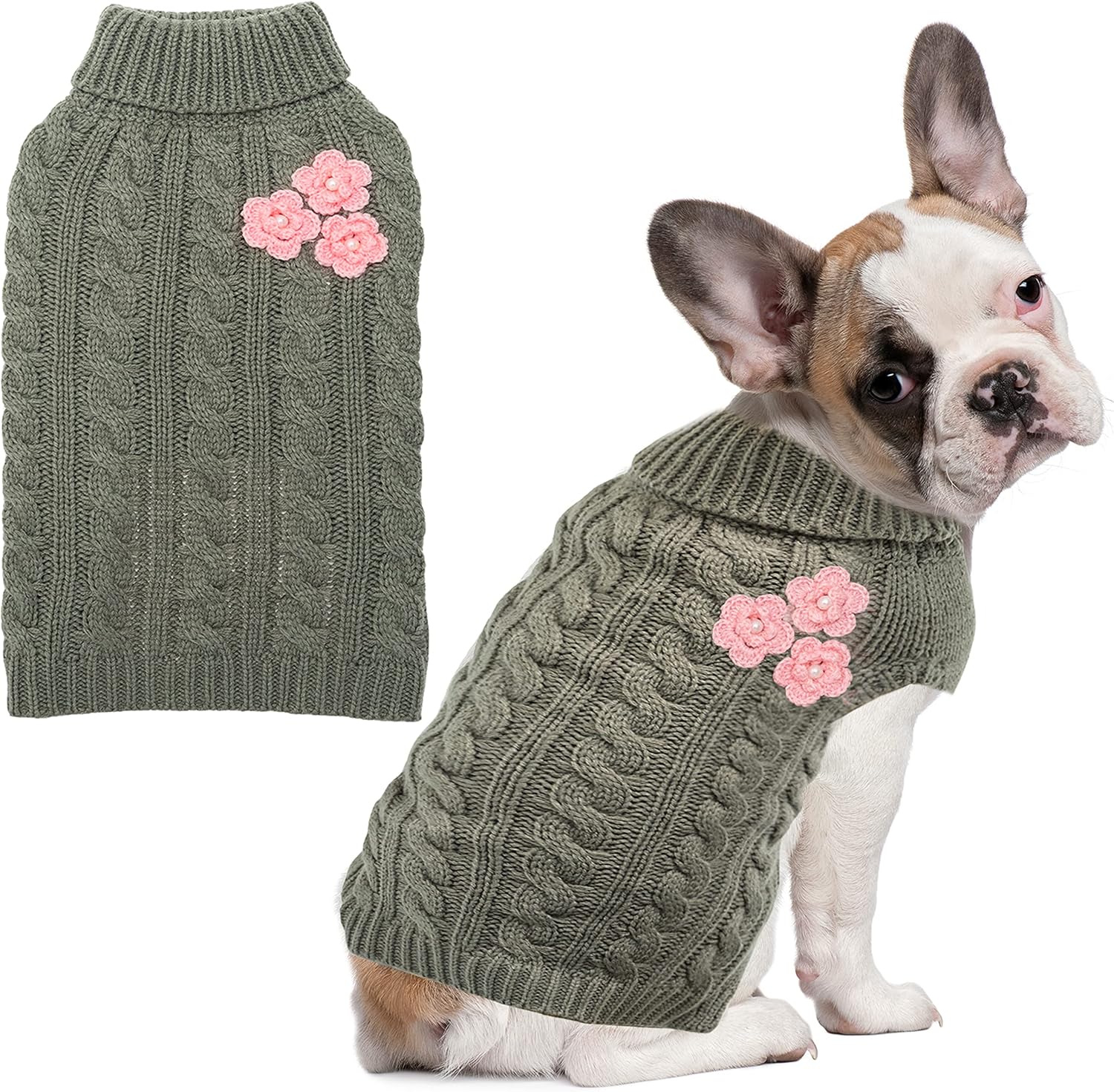 ALUZAEMO Small Dog Sweater - Cute Flower Winter Fall Warm Small Dog Clothes - Cold Weather Turtleneck Knitwear Sweaters Cozy Pet Outfits…