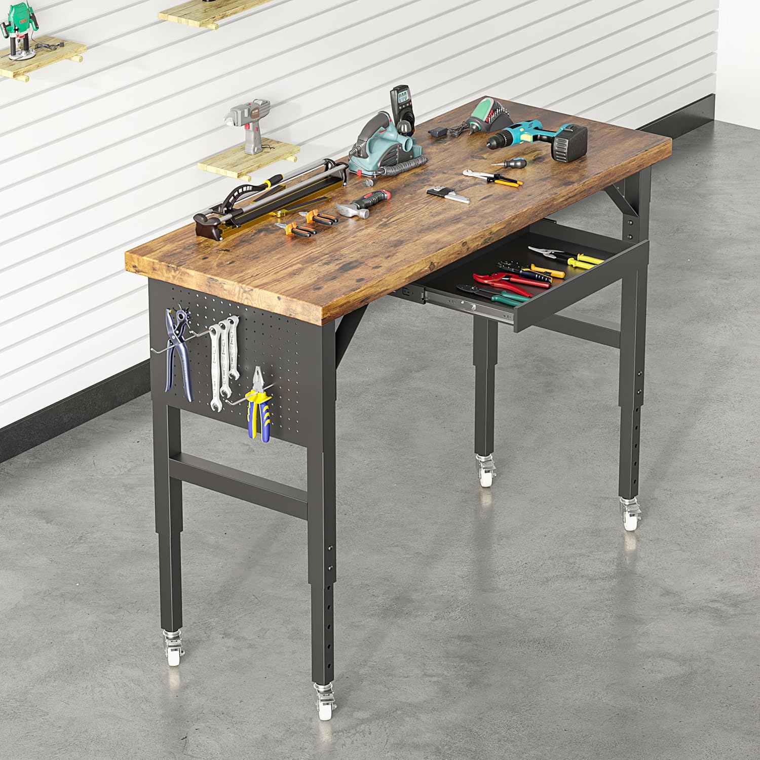 Heavy Duty Workbench Legs, Metal Table Legs Height Adjustable 27.5“ to 40.5”, Features Lockable Wheels, Power outlets, pegboard, and Drawers Enjoy The Fun of DIY Desk