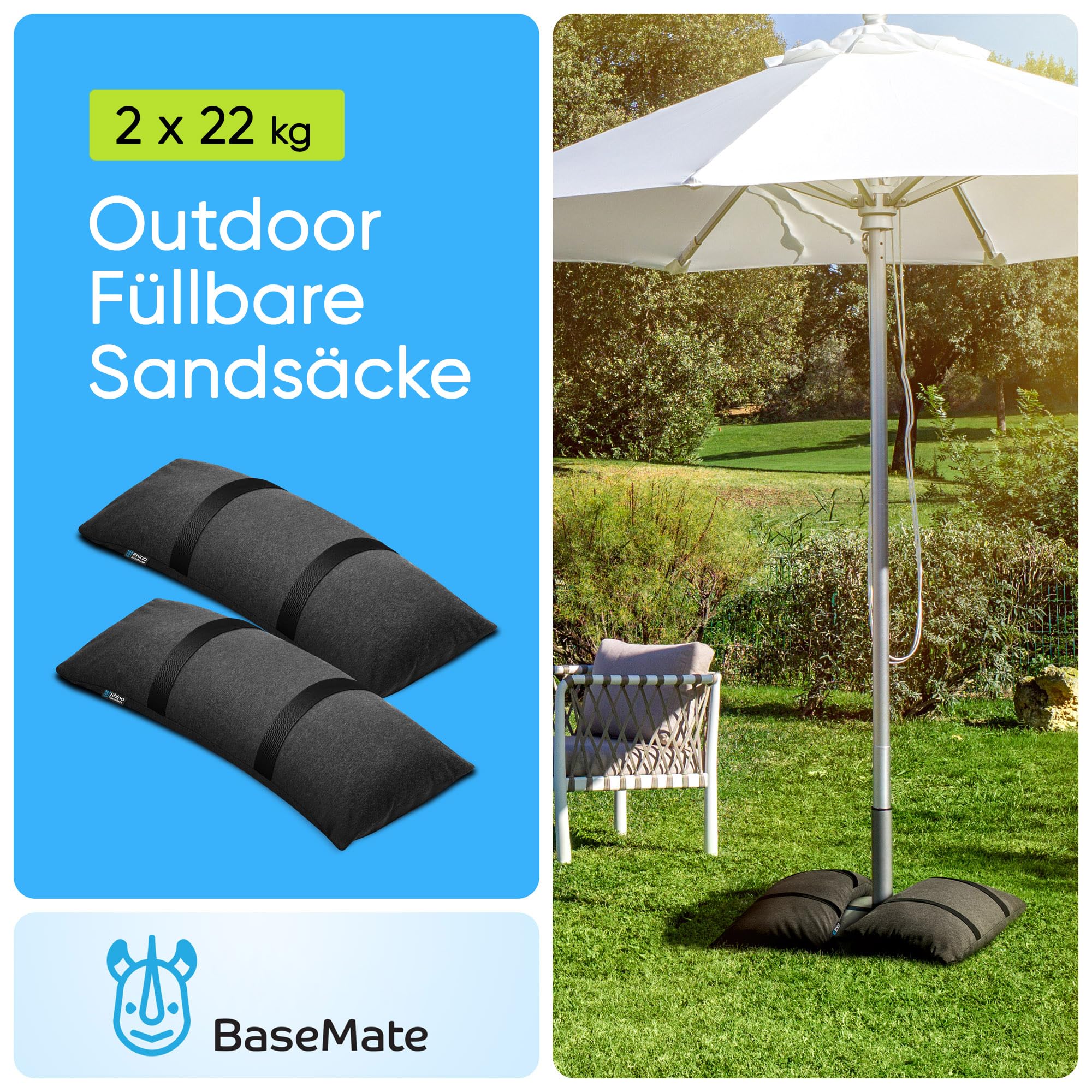 BaseMate Füllbare Sandsäcke für Sonnenschirmständer, 2 befüllbare Sandsäcke je 22 kg, Gebogene Sandsäcke für Outdoor-Schirmständer