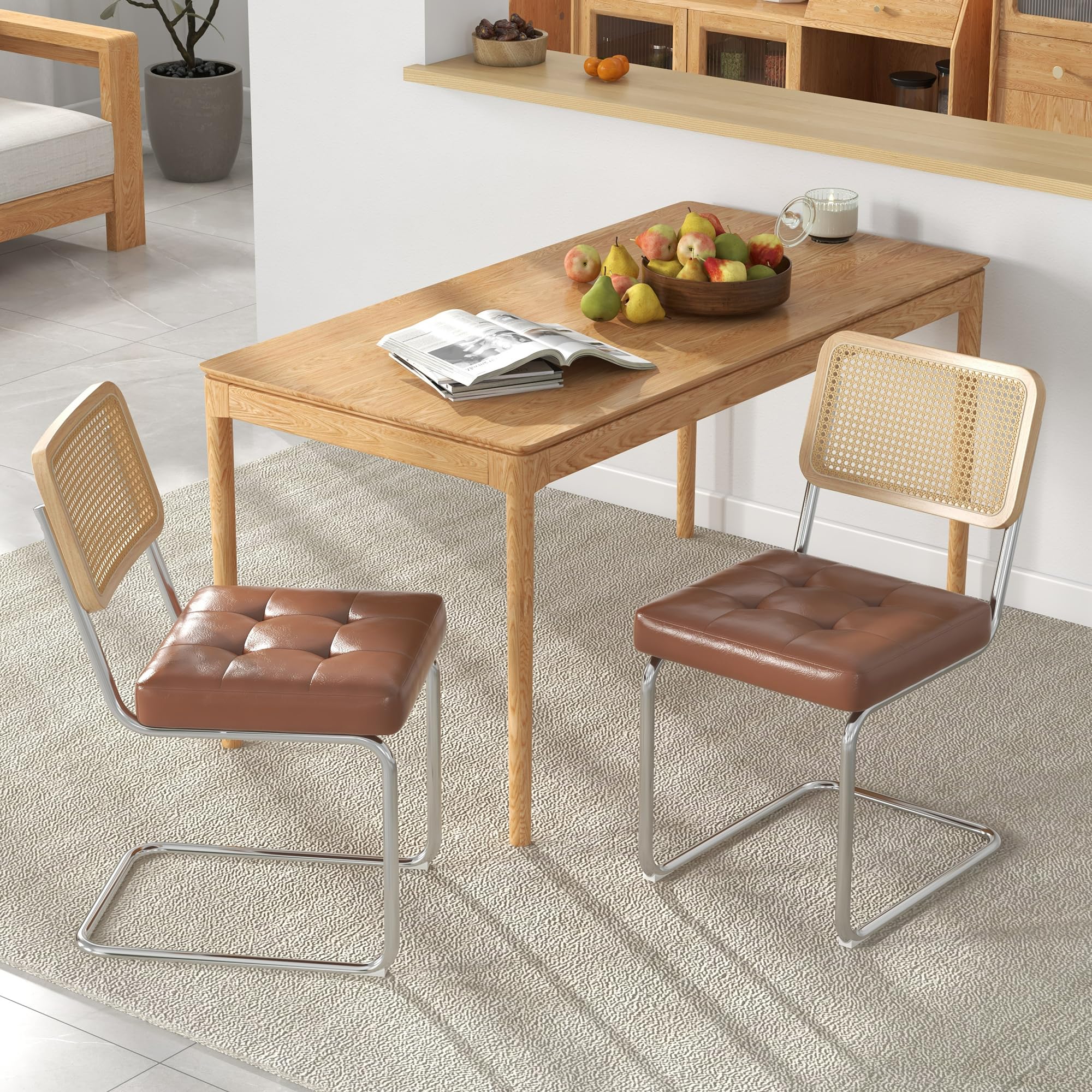 Westice Dining Chairs Set of 2, Mid Century Modern Rattan Dining Room Chairs with Upholstered PU Cushion and Metal Legs, Kitchen Side Chairs for Restaurant, Living Room, Bedroom, Brown