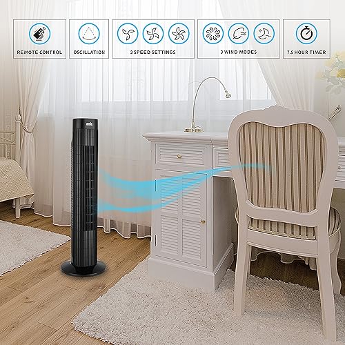 Miniatura 4 de Ventilador de torre oscilante negro con control remoto de 3 velocidades y 3 vientos, 30 pulgadas, ideal para habitaciones pequeñas