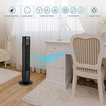 ANSIO Black Oscillating Tower Fan with Remote Control 3-Speed 3-Wind Mode, 30-Inch Ideal for Small Rooms.