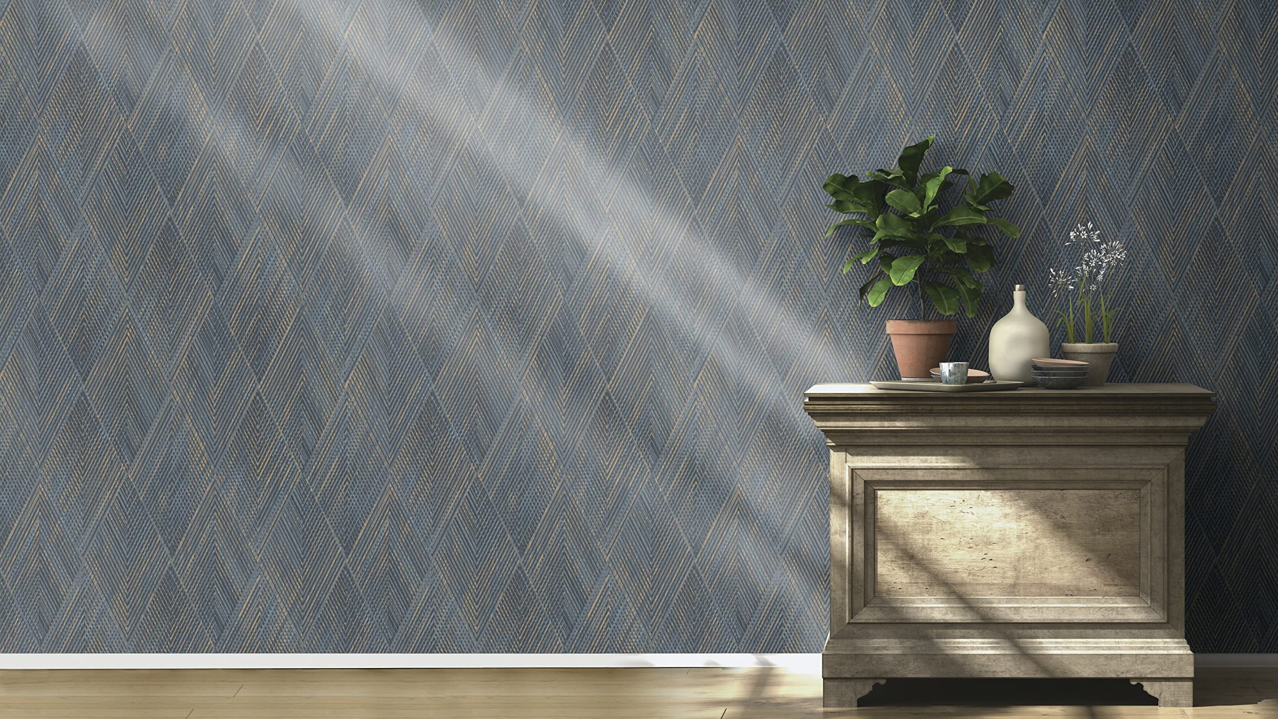 Rasch Papel pintado 844146 en azul y dorado con patrón geométrico de rombos de la colección Perfecto VI – 10,05 m x 0,53 m (largo x ancho)