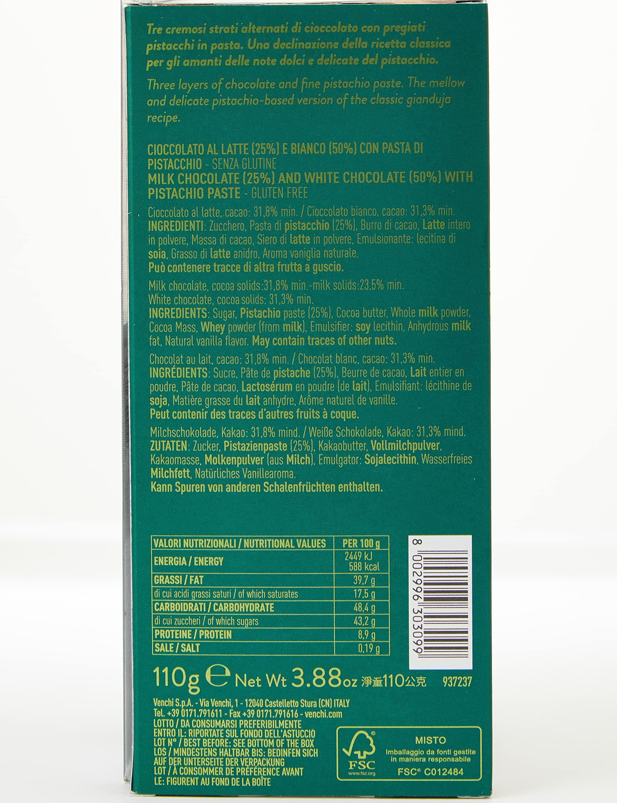 Venchi - Kit di 6 Tavolette di Cioccolato Cremino Pistacchio - Cioccolato al Latte e Bianco con Pasta di Pistacchio, 660g - Senza Glutine (Confezione da 2)