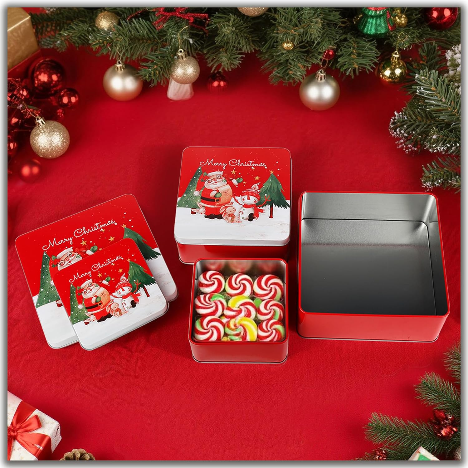 Christmas Tin Gift Box Santa Tinplate Candy Cookie Box Square Candy Storage Containers with Lids for Holiday Xmas Supplies 3Pcs
