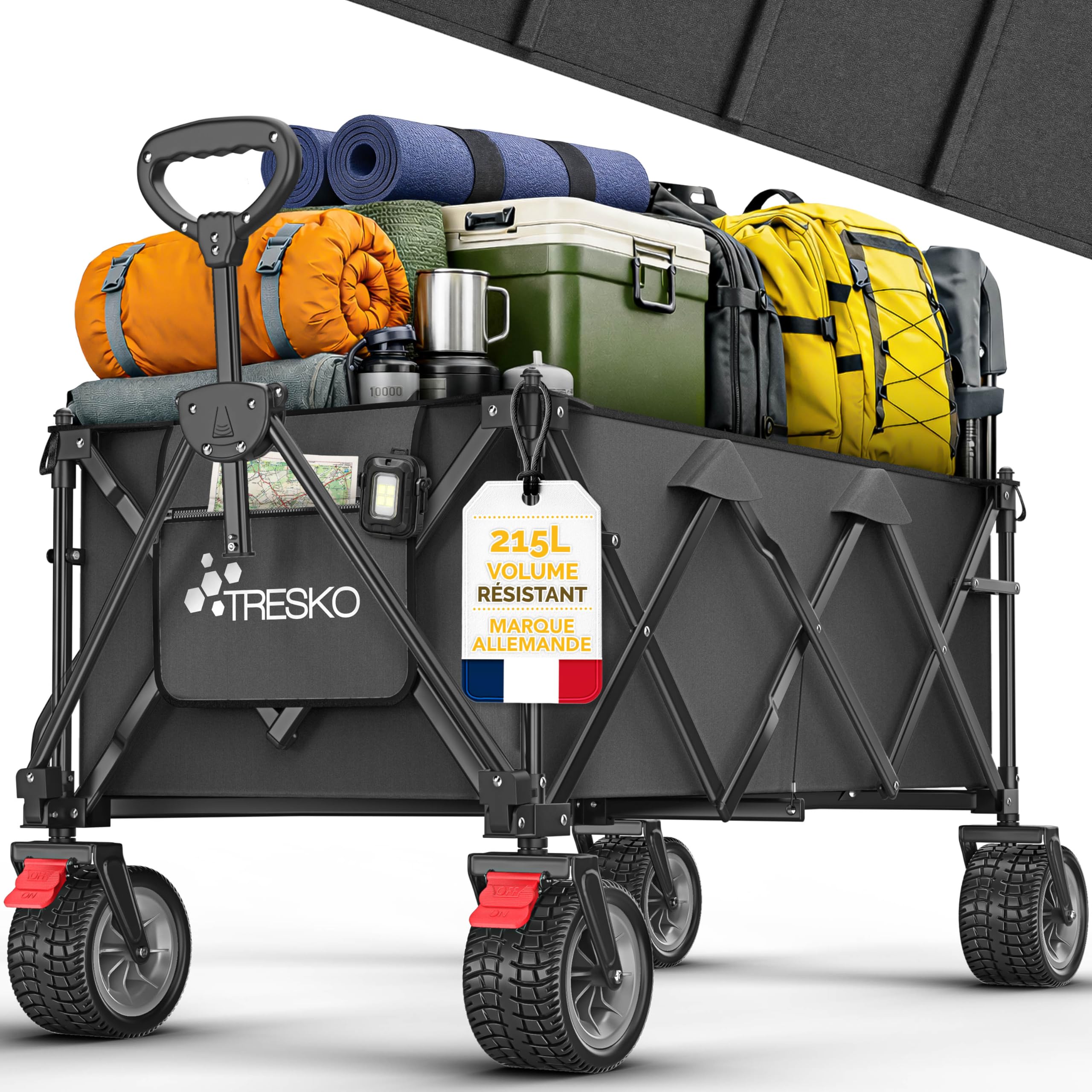 TRESKO® Chariot de transport pliable 215 L avec frein | Chariot à main pliable 150 kg avec pneus en caoutchouc plein | Chariot de plage pliable extra large tout-terrain | Chariot de transport avec sac