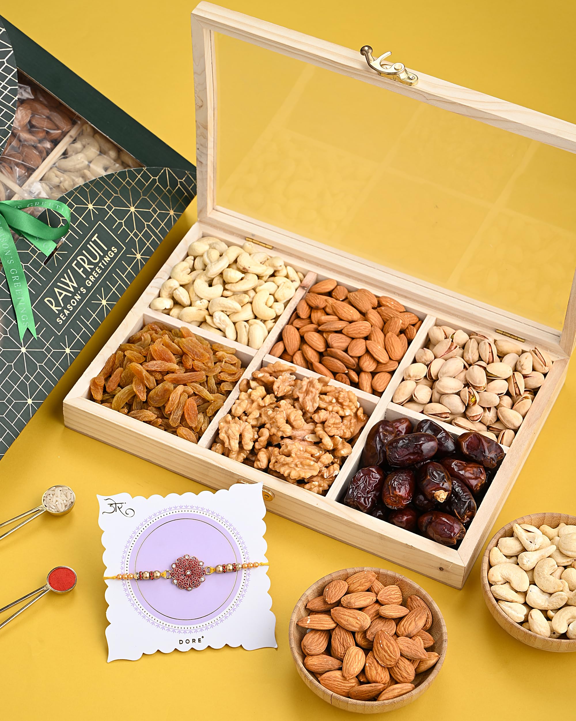 HyperFoods® Rakhi For Brother Pack of 6 Dry Fruits 460 Grams Dryfruits Combo Pack Dry Fruits Gift Pack Dryfruits Gift Hamper Red Flower Rakhi with Roli & Rice-image-26