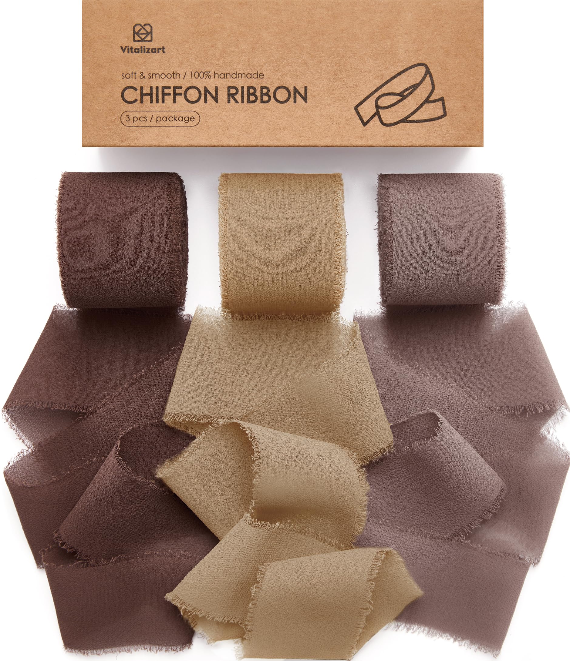 Vitalizart Chiffon Ribbon Brown & Nude Handmade Fringe, 1.5" x 27 Yd Frayed Edges Silky Ribbons for Gifts Wrapping Wedding Invitations Bridal Bouquets Crafts Holiday Party Decorations â image 1